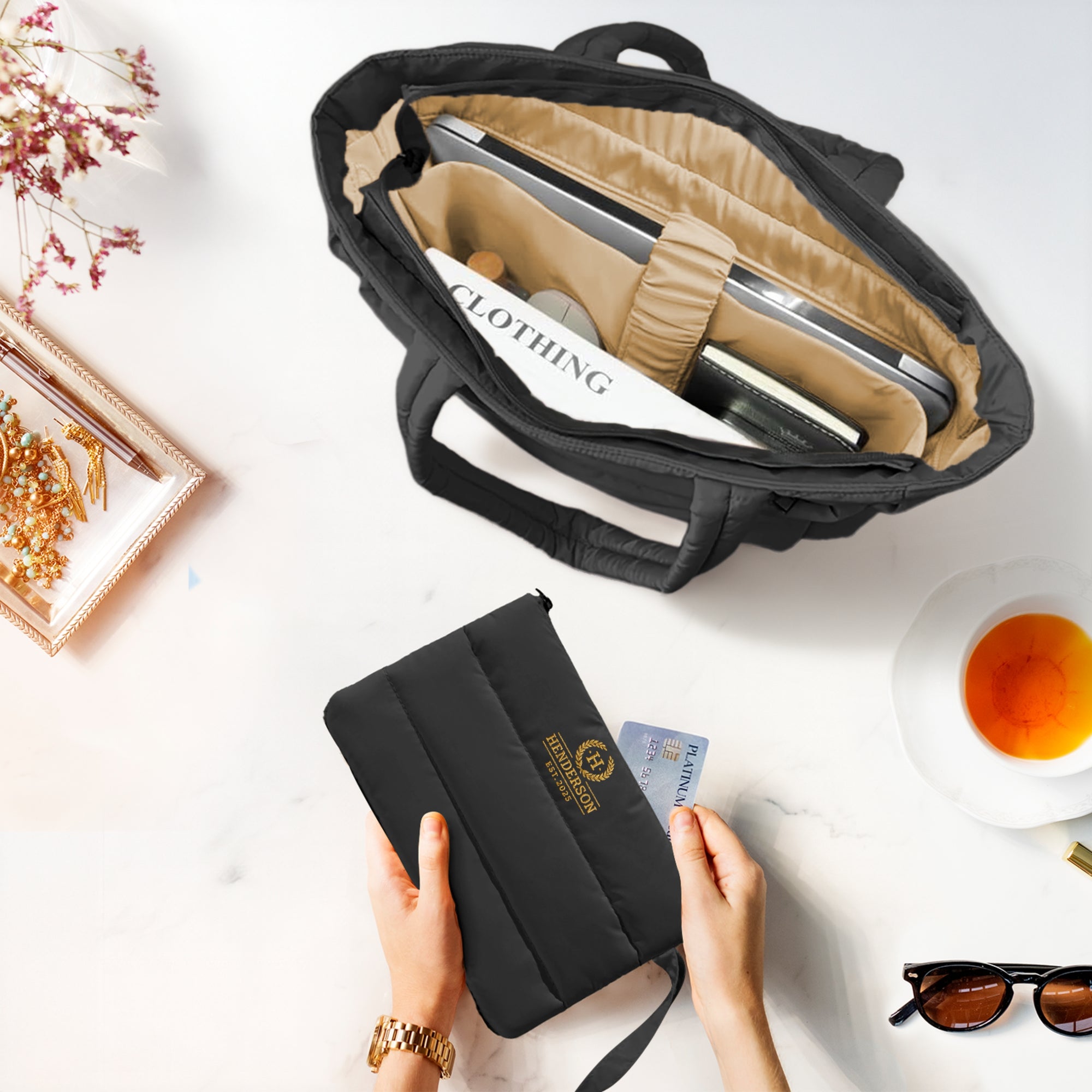 Custom Embroidered Quilted Tote & Pouch Set, Personalised Travel/ Gym School Shoulder Puffer Bag, Bridesmaid, Mom, Xmas Logo Corporate Gift