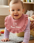 Custom Embroidered Ruffle Trim Muslin Baby Bandana Bib, Personalised Drool Burp Cloth, First Birthday Infant Newborn Shower Christening Gift