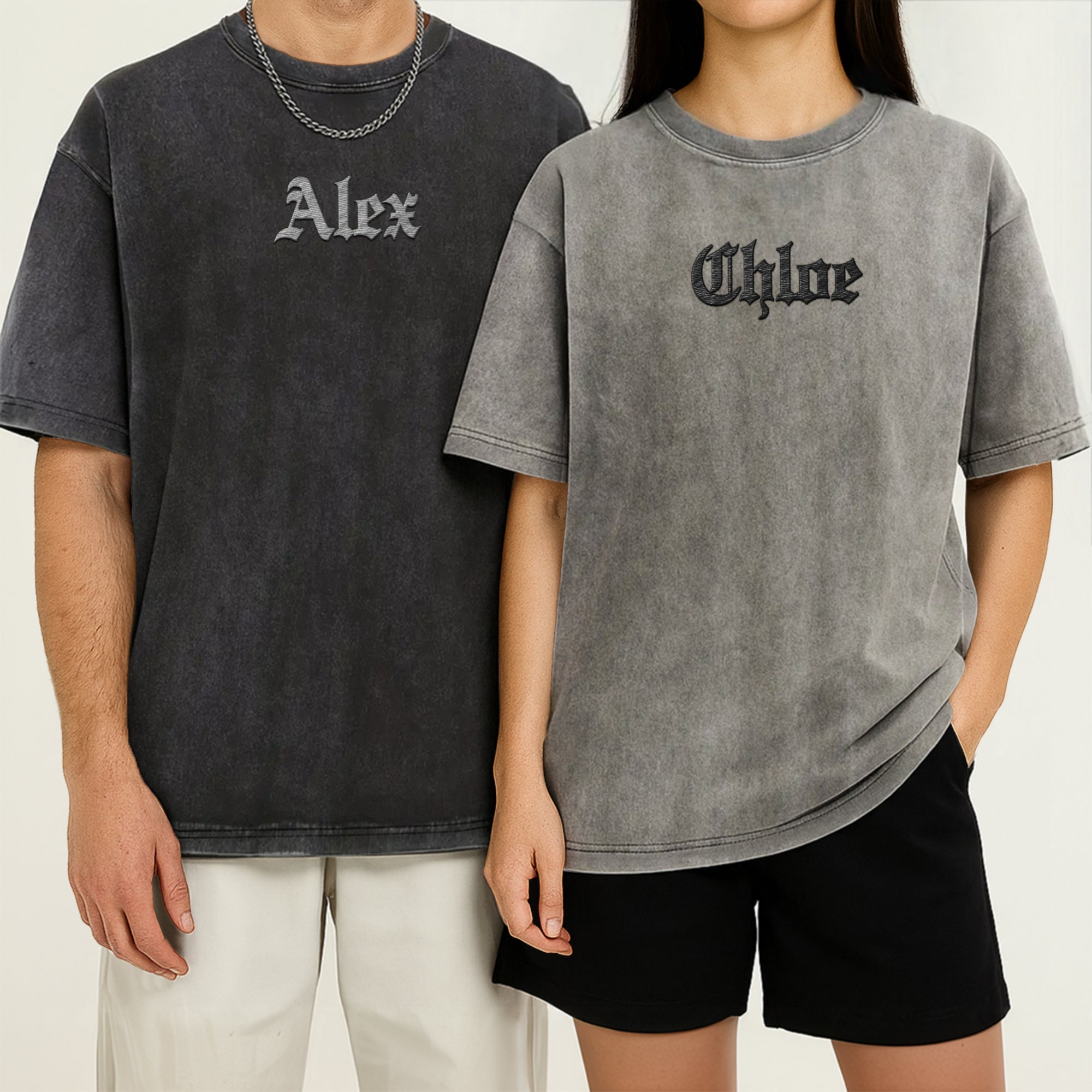 Custom Embroidered Unisex Stone Wash T-shirt, Personalised Crewneck Vintage Tee Friendship Couple Shirts Embroidery, Birthday Corporate Gift