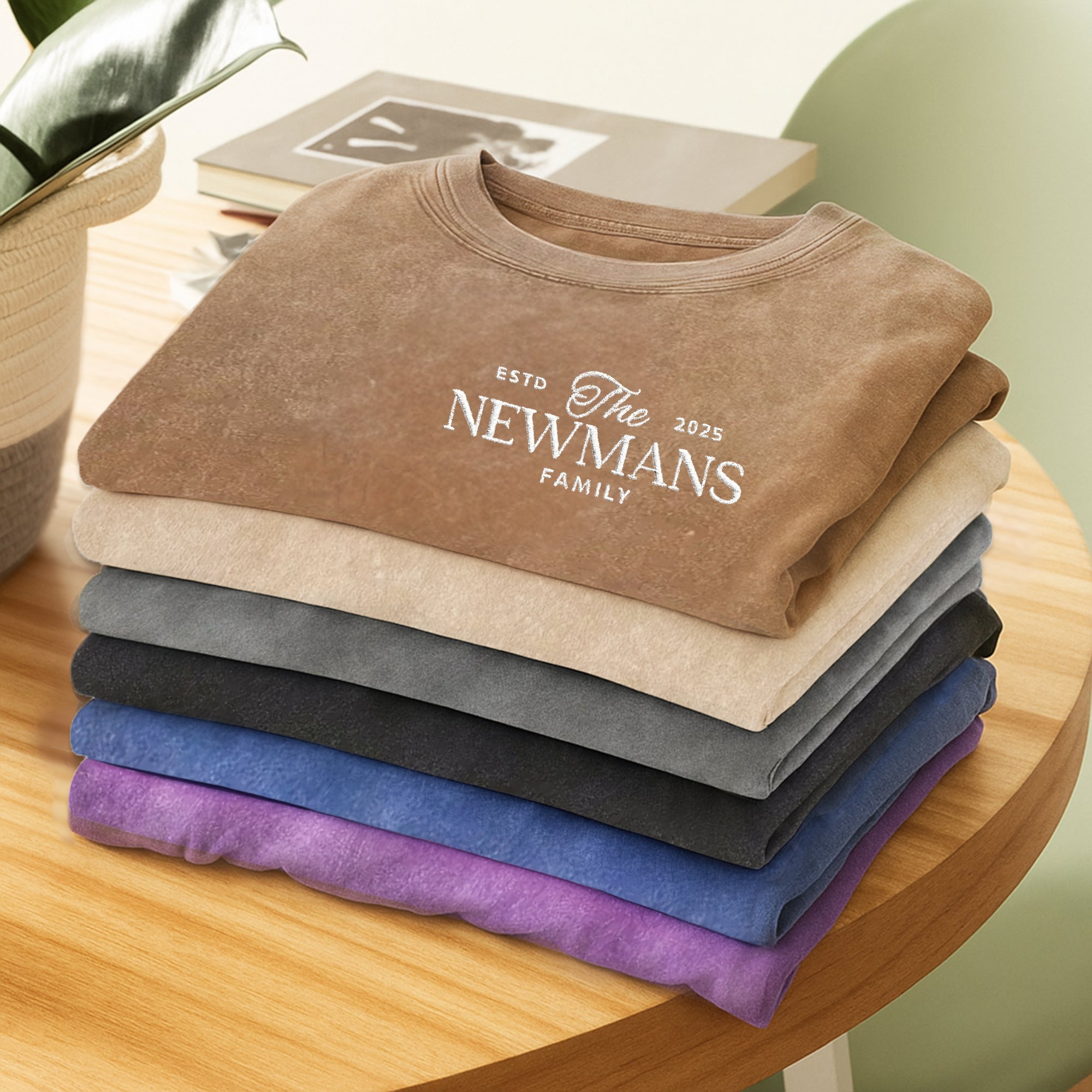 Custom Embroidered Unisex Stone Wash T-shirt, Personalised Crewneck Vintage Tee Friendship Couple Shirts Embroidery, Birthday Corporate Gift