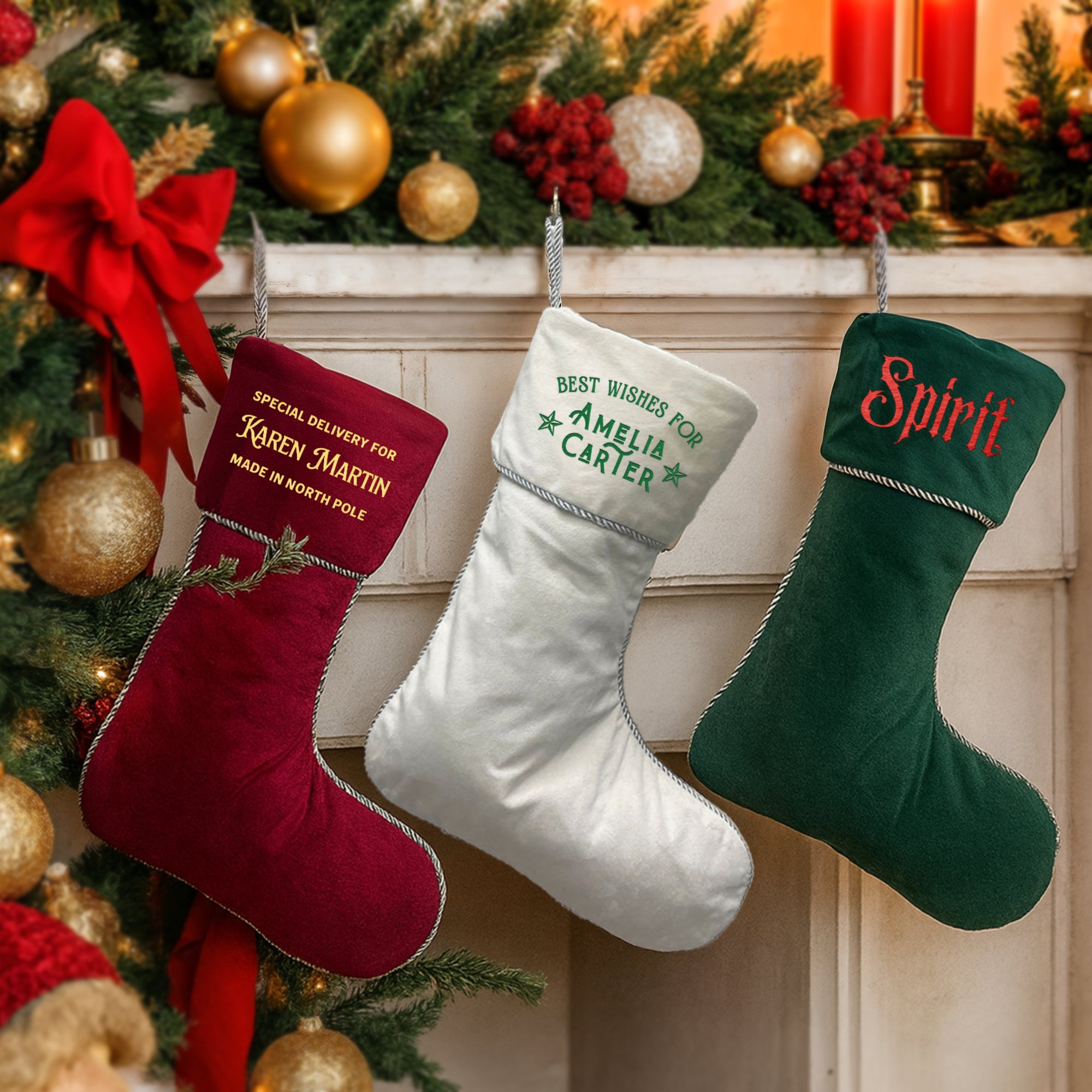 Custom Embroidered Velvet Christmas Stocking, Personalised Merry Xmas Elegant Present Sock, Santa Holiday Decor, Family Kid Gift Bag Storage