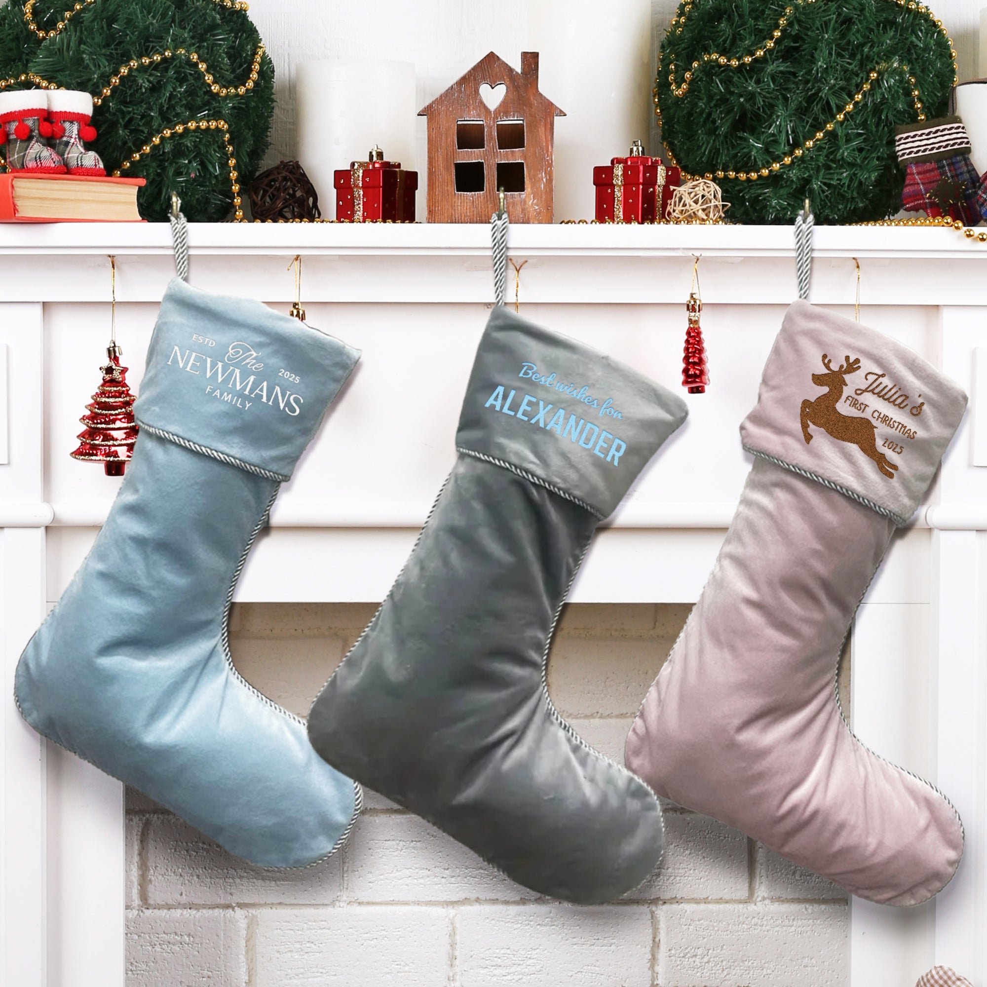 Custom Embroidered Velvet Christmas Stocking, Personalised Merry Xmas Elegant Present Sock, Santa Holiday Decor, Family Kid Gift Bag Storage