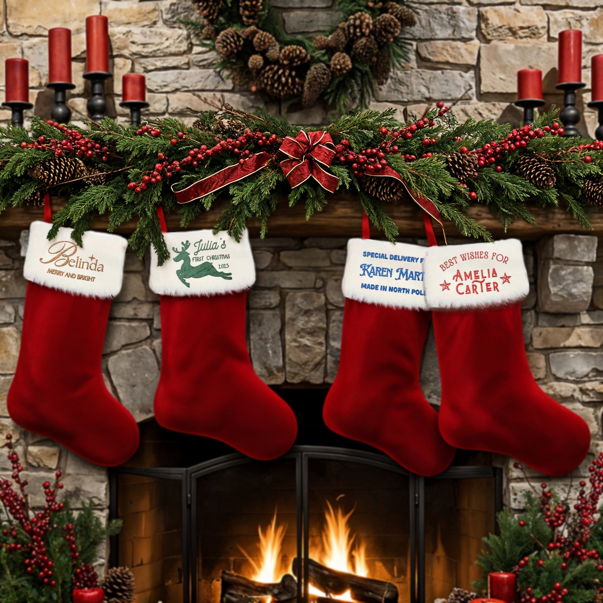 Custom Embroidered Velvet Red & White Fur Christmas Stocking, Personalised Xmas Tree Present Sock, Santa Holiday Decor, Family Kid Gift Bag