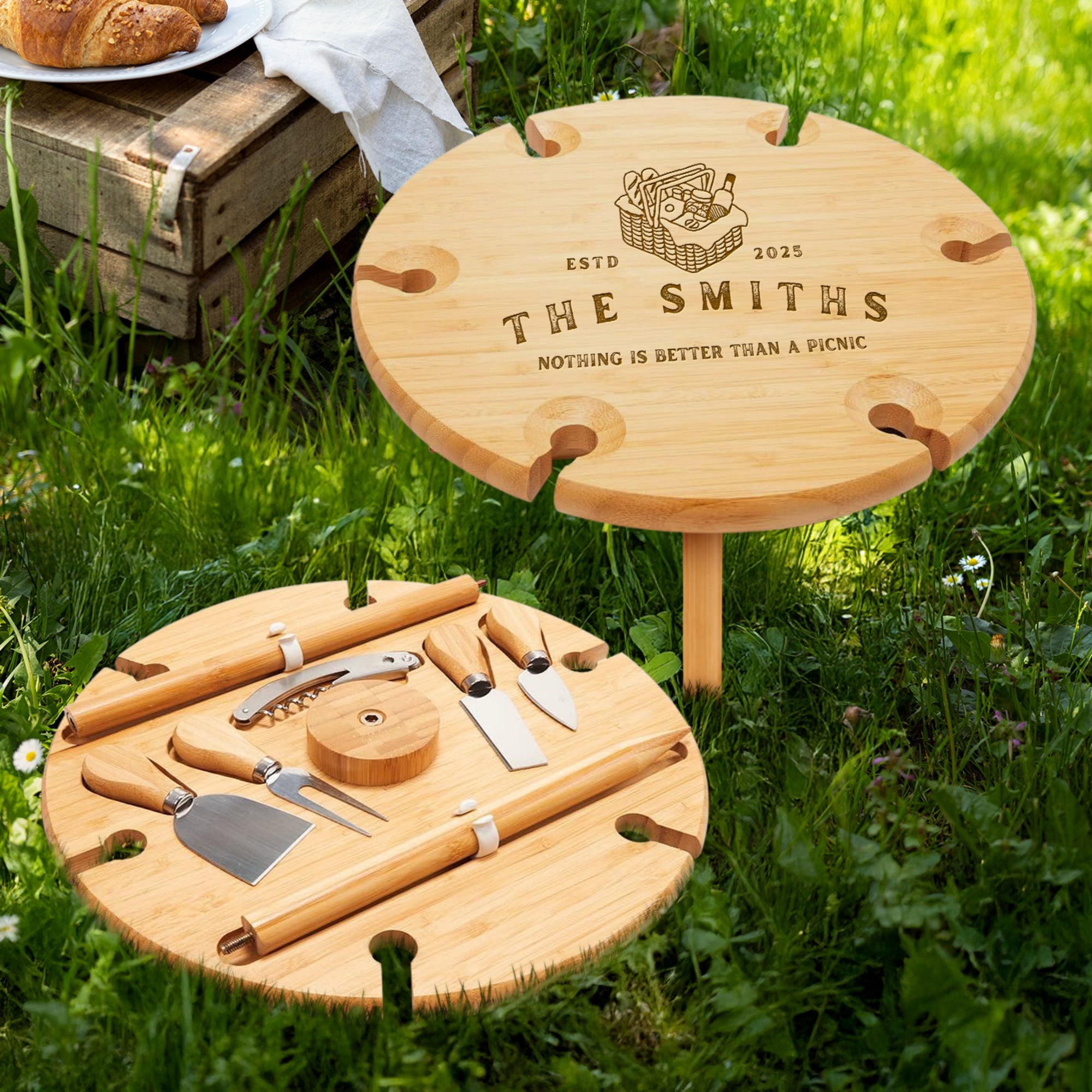 Custom Engraved Assemble Round Bamboo Stake Picnic Table, 6 Wine Glasses Holder & Cheese Knives Set, Personalised Wedding, Housewarming Gift