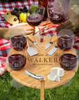 Custom Engraved Assemble Round Bamboo Stake Picnic Table, 6 Wine Glasses Holder & Cheese Knives Set, Personalised Wedding, Housewarming Gift