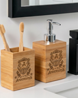 Custom Engraved Bamboo Soap Dispenser & Toothbrush Holder, Personalised Bathroom Refillable Hand Bottle, Housewarming Gift Airbnb Home Décor