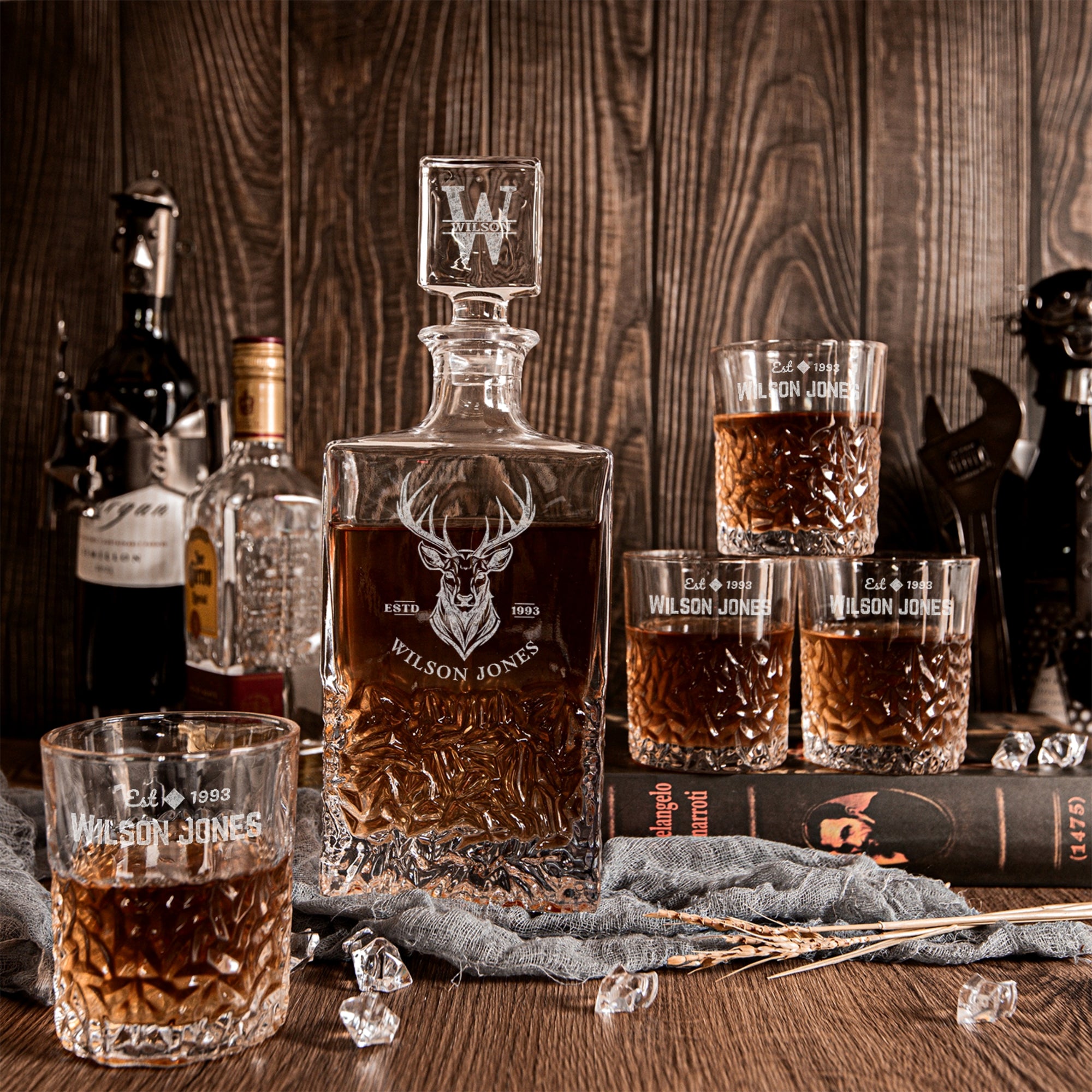 Custom Engraved Carving Old Fashion Whiskey Decanter Set, 4  Scotch Glasses & Wooden Box, Personalised Barware Dad, Groomsmen Corporate Gift