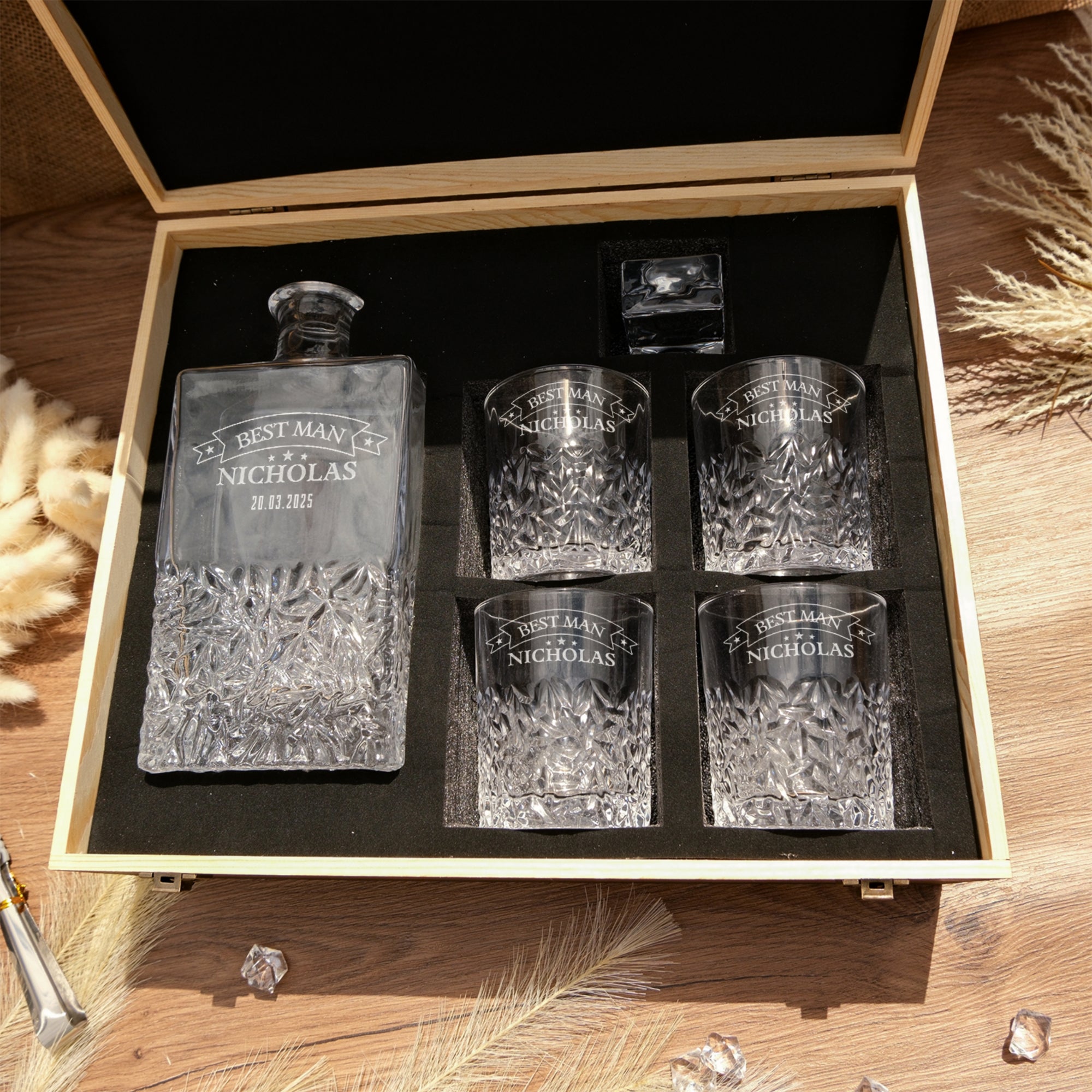 Custom Engraved Carving Old Fashion Whiskey Decanter Set, 4  Scotch Glasses & Wooden Box, Personalised Barware Dad, Groomsmen Corporate Gift