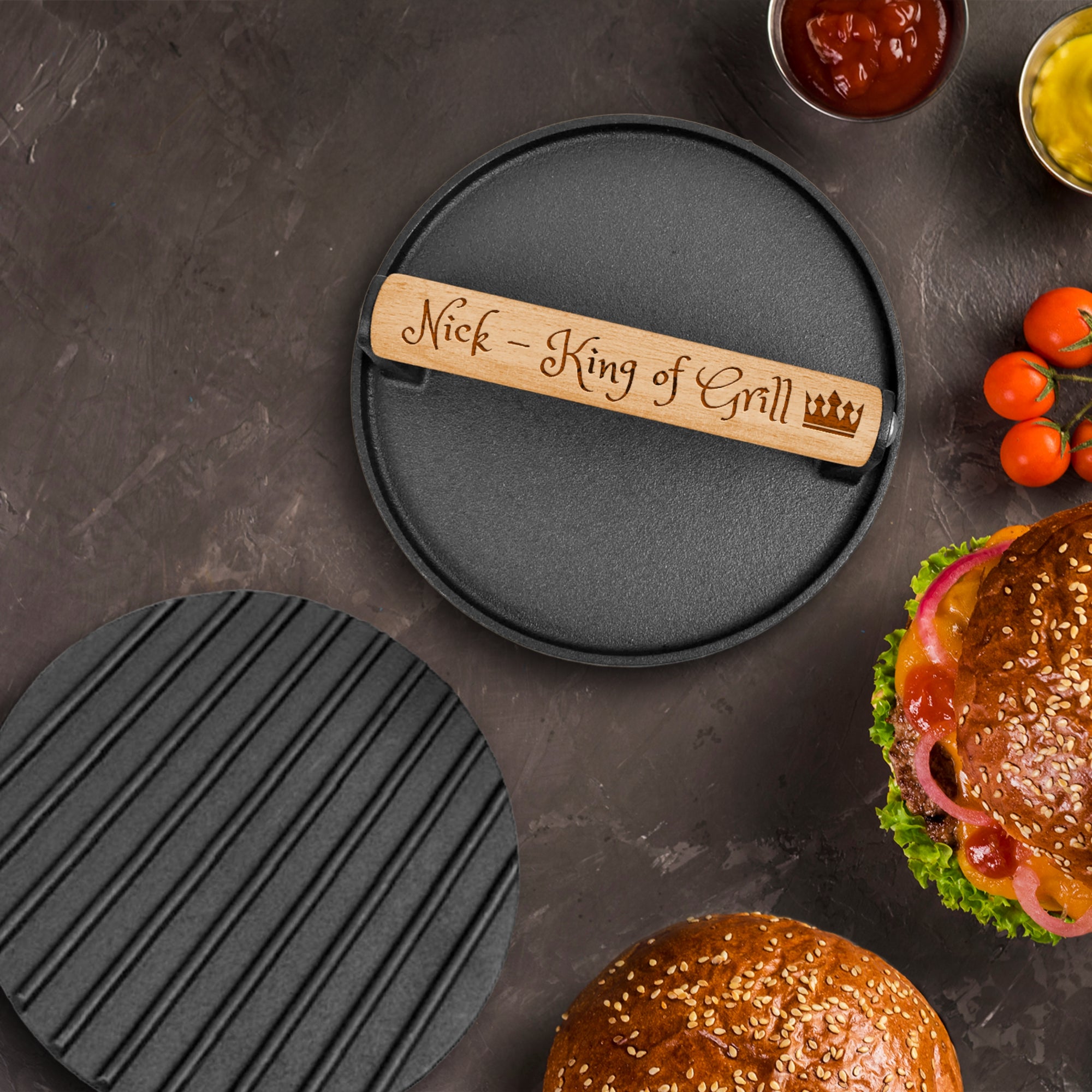 Custom Engraved Cast Iron BBQ Grill Press, Personalised Burger & Meat Weight, Barbecue Lover, Outdoor Cooking Dad Birthday Housewarming Gift