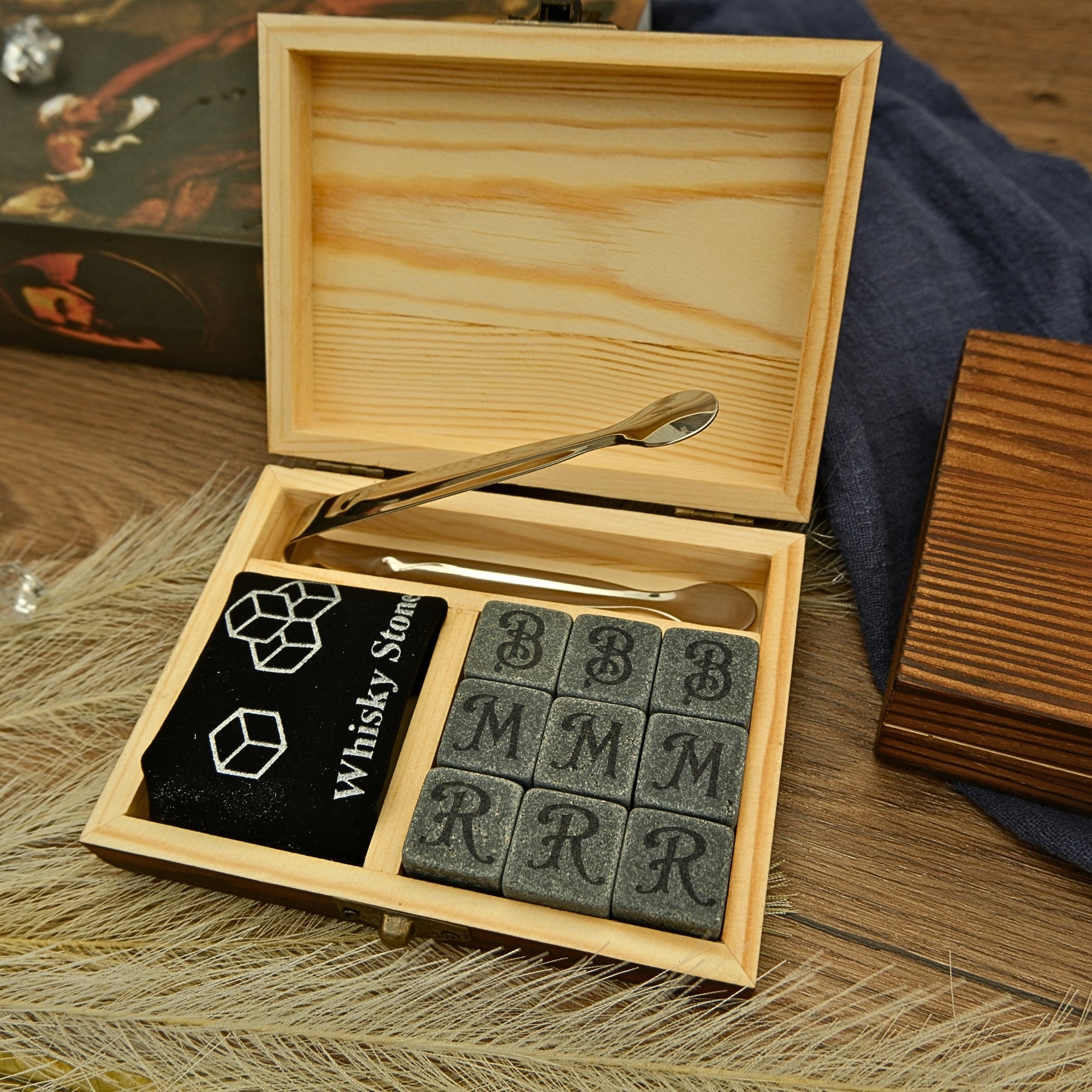 Custom Engraved 9 Charcoal Whiskey Stones Wooden Box Set, Personalised Reusable Scotch Ices, Barware Set Dad, Groomsmen, Corporate Xmas Gift