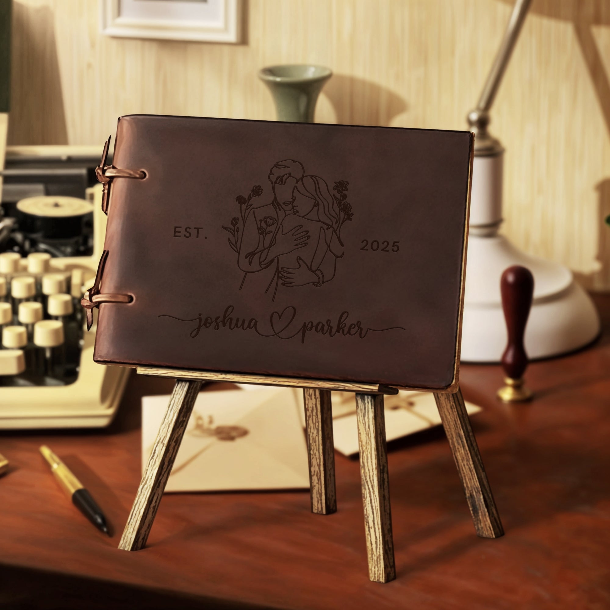 Custom Engraved Cowhide Leather A5 Vintage Wedding Guest Book, Personalised Handmade Crazy Horse Traditional Notebook Stationery Party Decor