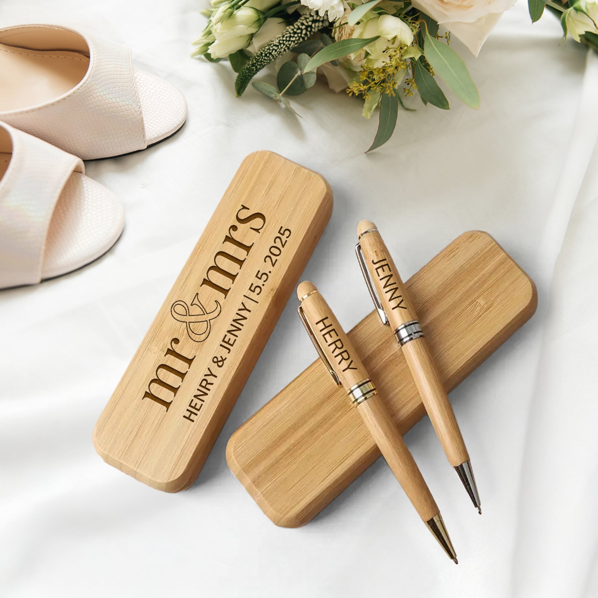 Custom Engraved Eco Bamboo Pens & Case Set – Personalised Logo Sustainable Corporate Gifts, Teacher, Student, Event, Wedding Signature Pen