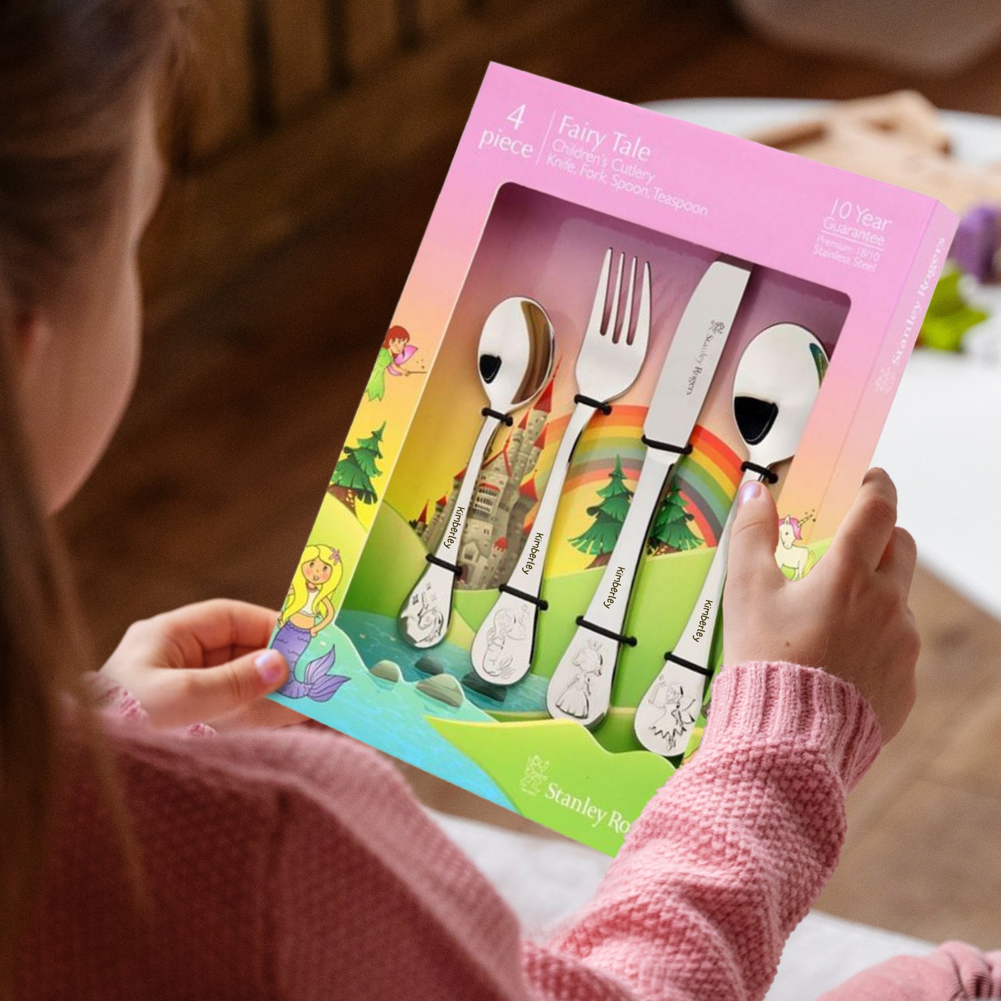 Custom Engraved Kid's Cutlery 4 Piece Set, Personalised Children Name Fairy Tale Dining Tools, Daycare Utensils, First Birthday Baptism Gift