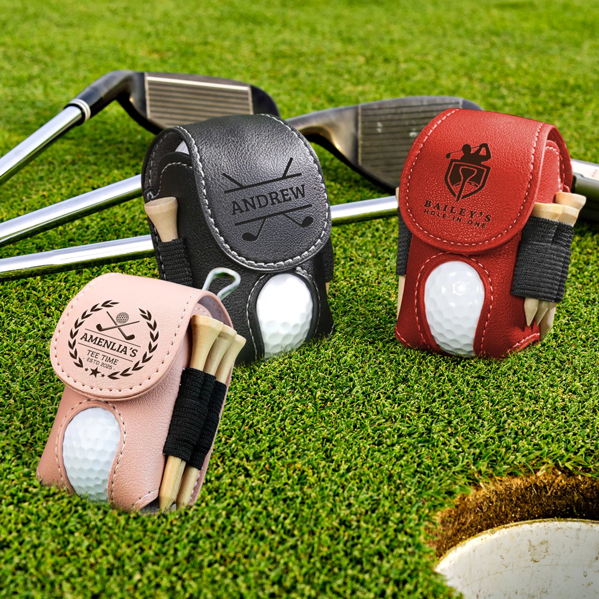 Custom Engraved Leatherette Gold Ball Pouch & Tee Holder, Personalised Name/ Logo Accessories Pocket, Dad Groomsmen Christmas Corporate Gift