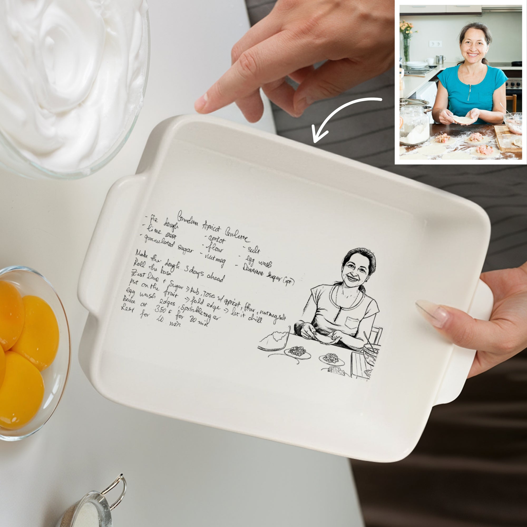 Custom Engraved Recipe & Photo White Porcelain Baking Tray, Personalised Portrait Pie Dish, Kitchen Keepsake, Housewarming Grandma Xmas Gift