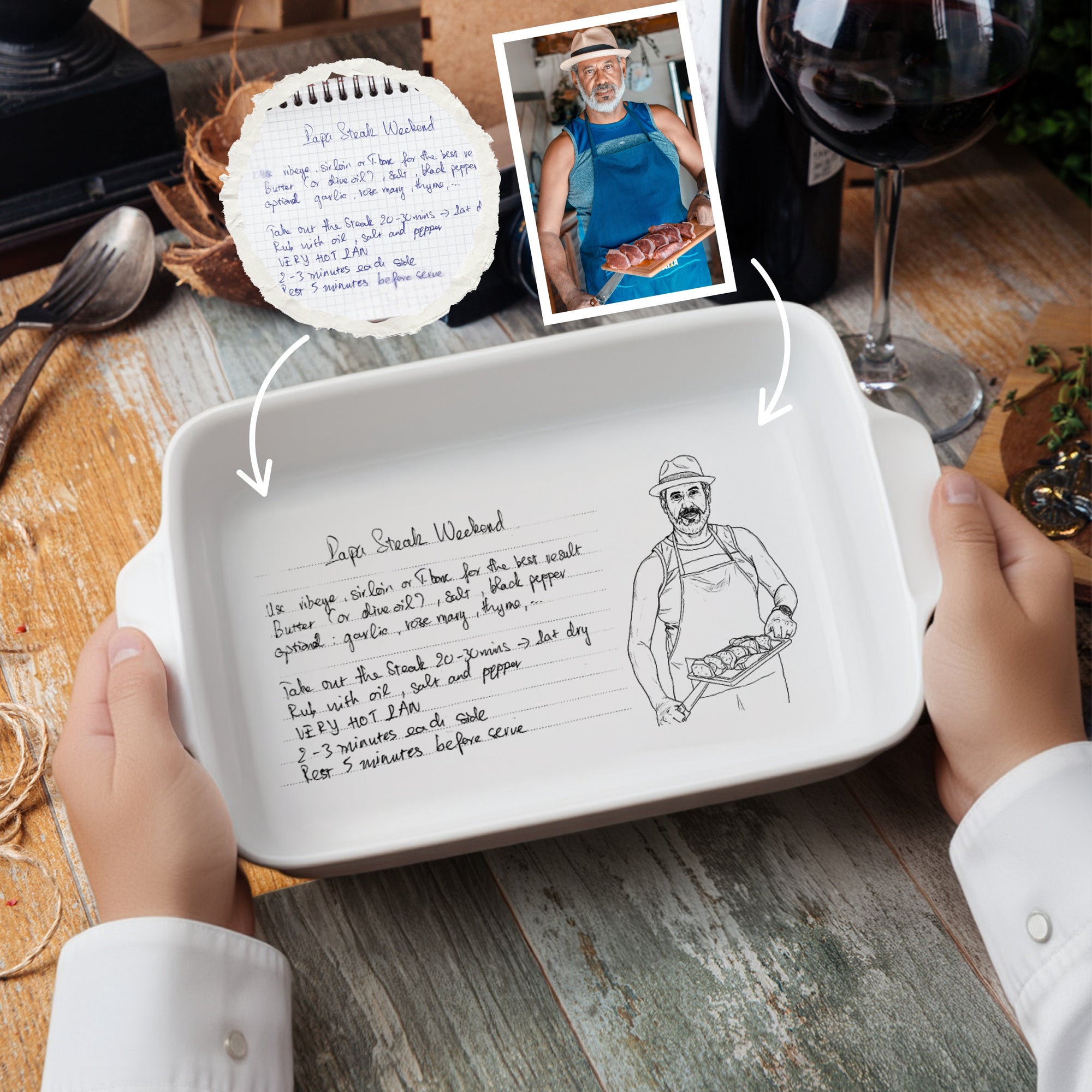 Custom Engraved Recipe & Photo White Porcelain Baking Tray, Personalised Portrait Pie Dish, Kitchen Keepsake, Housewarming Grandma Xmas Gift