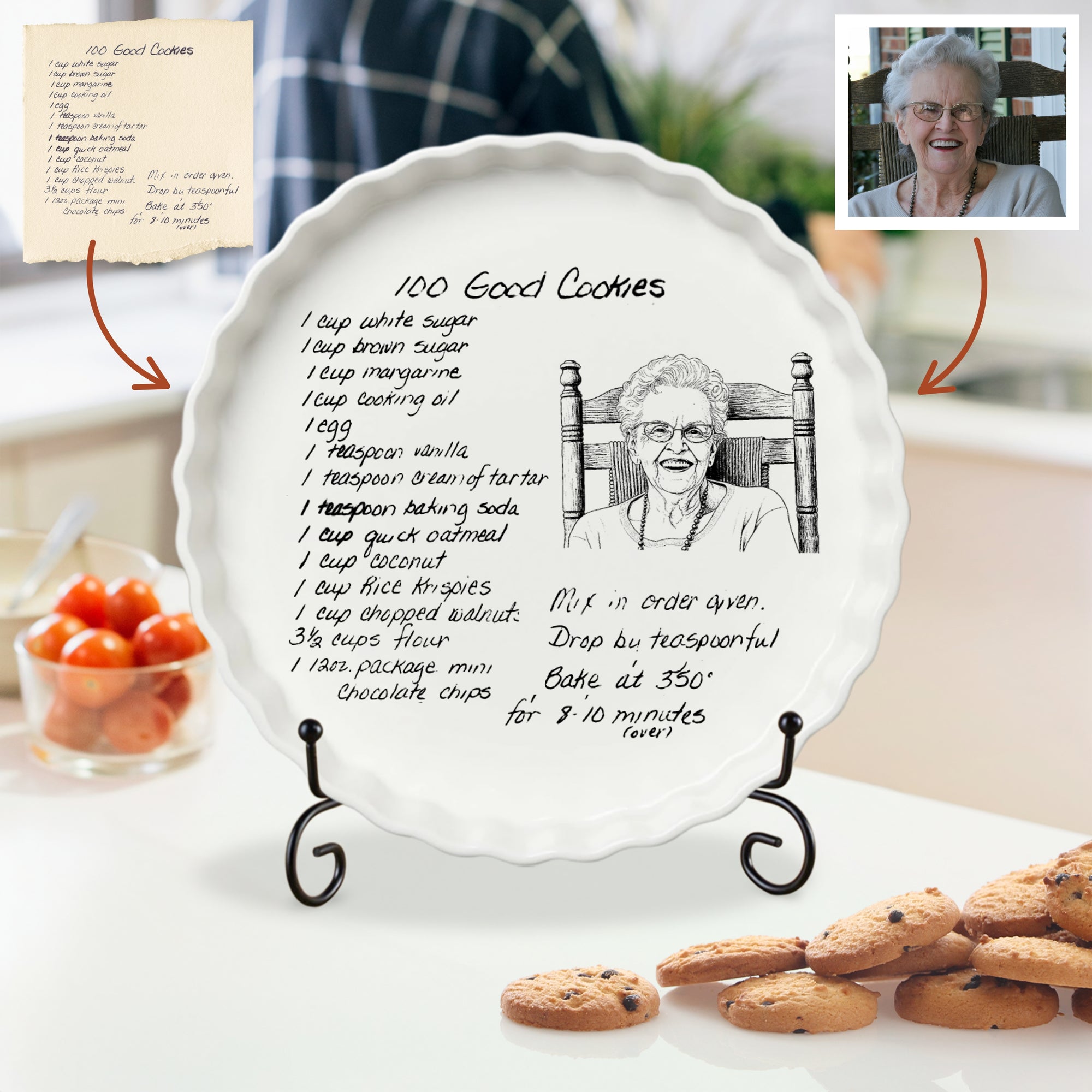 Custom Engraved Recipe & Photo White Porcelain Round Baking Tray, Personalised Portrait Quiches Tart Pie Dish, Kitchen Keepsake Grandma Gift
