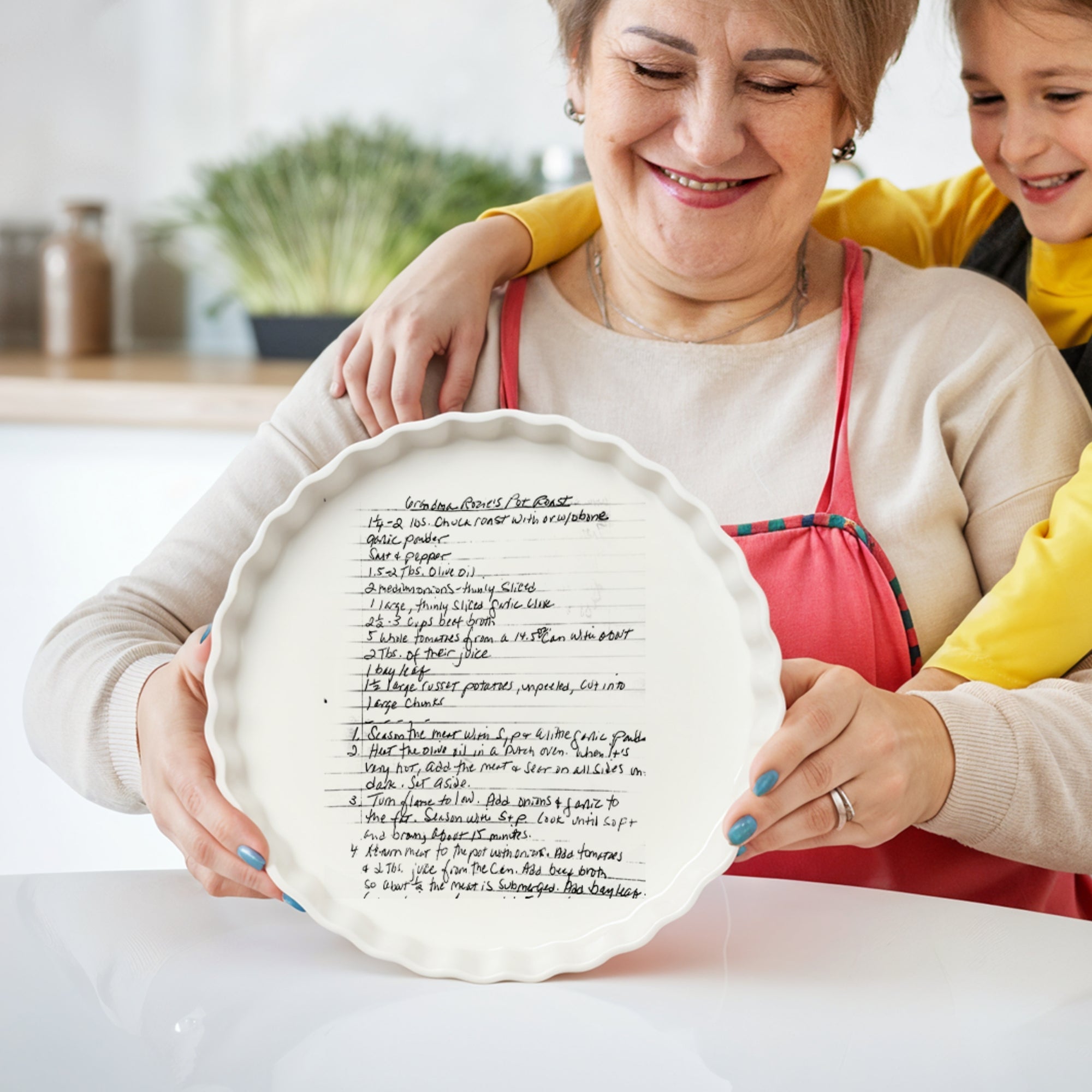 Custom Engraved Recipe & Photo White Porcelain Round Baking Tray, Personalised Portrait Quiches Tart Pie Dish, Kitchen Keepsake Grandma Gift