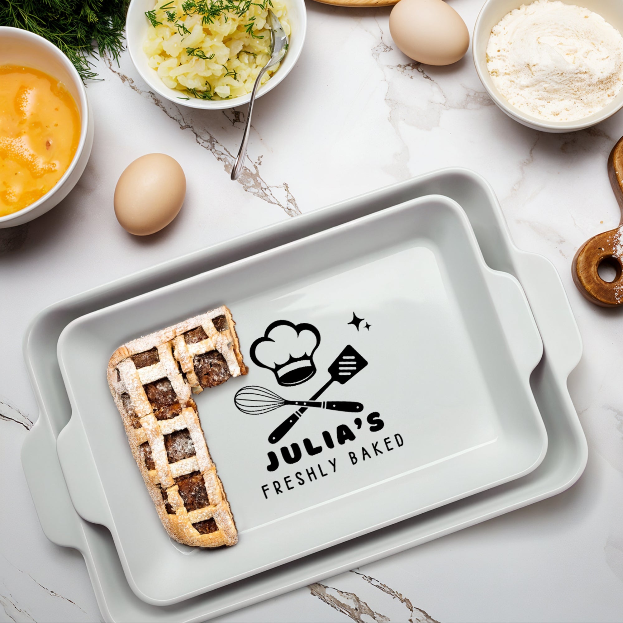 Custom Engraved Rectangle White Porcelain Baking Tray, Personalised Portrait Pie Dish, Kitchen Keepsake, Housewarming Grandma Christmas Gift