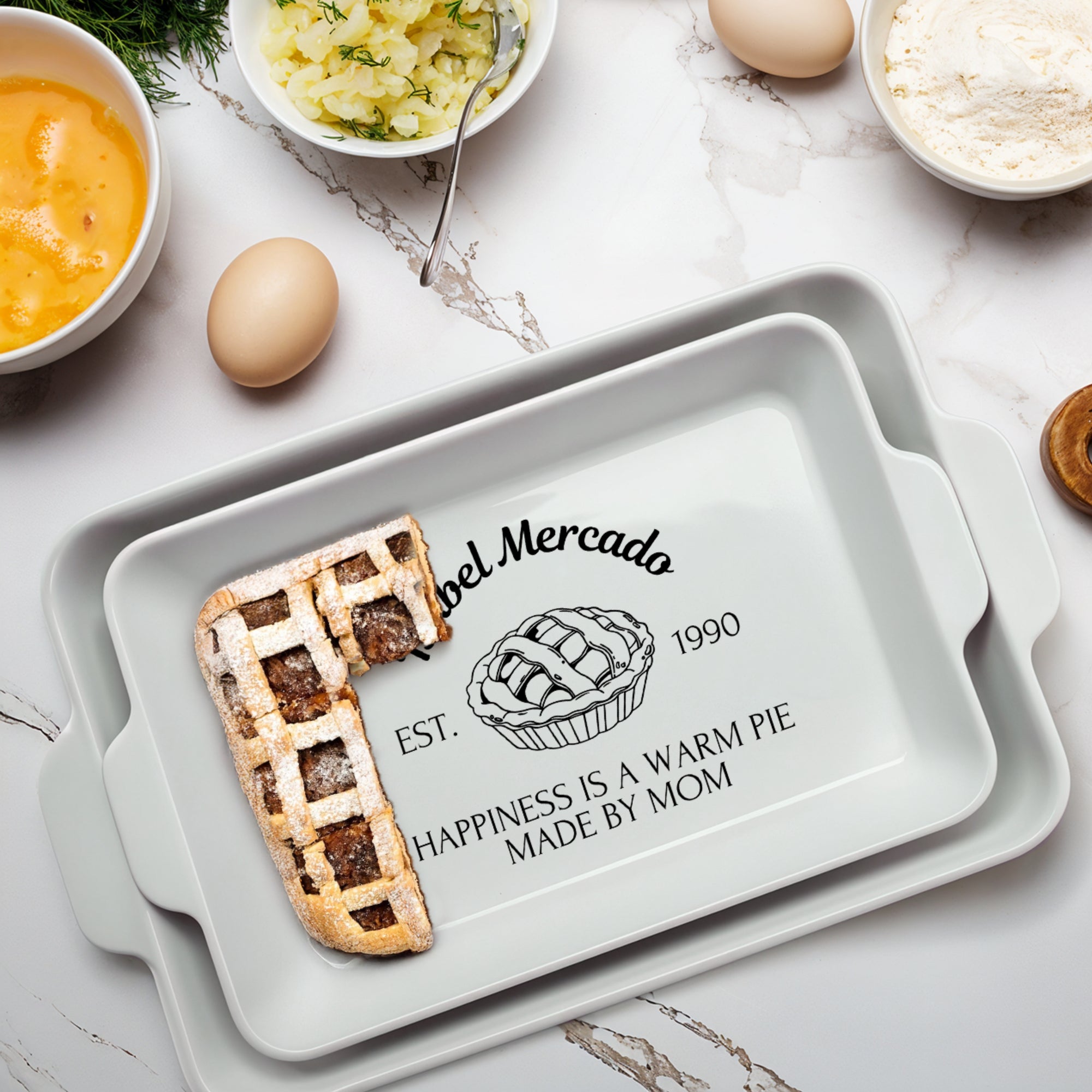 Custom Engraved Rectangle White Porcelain Baking Tray, Personalised Portrait Pie Dish, Kitchen Keepsake, Housewarming Grandma Christmas Gift