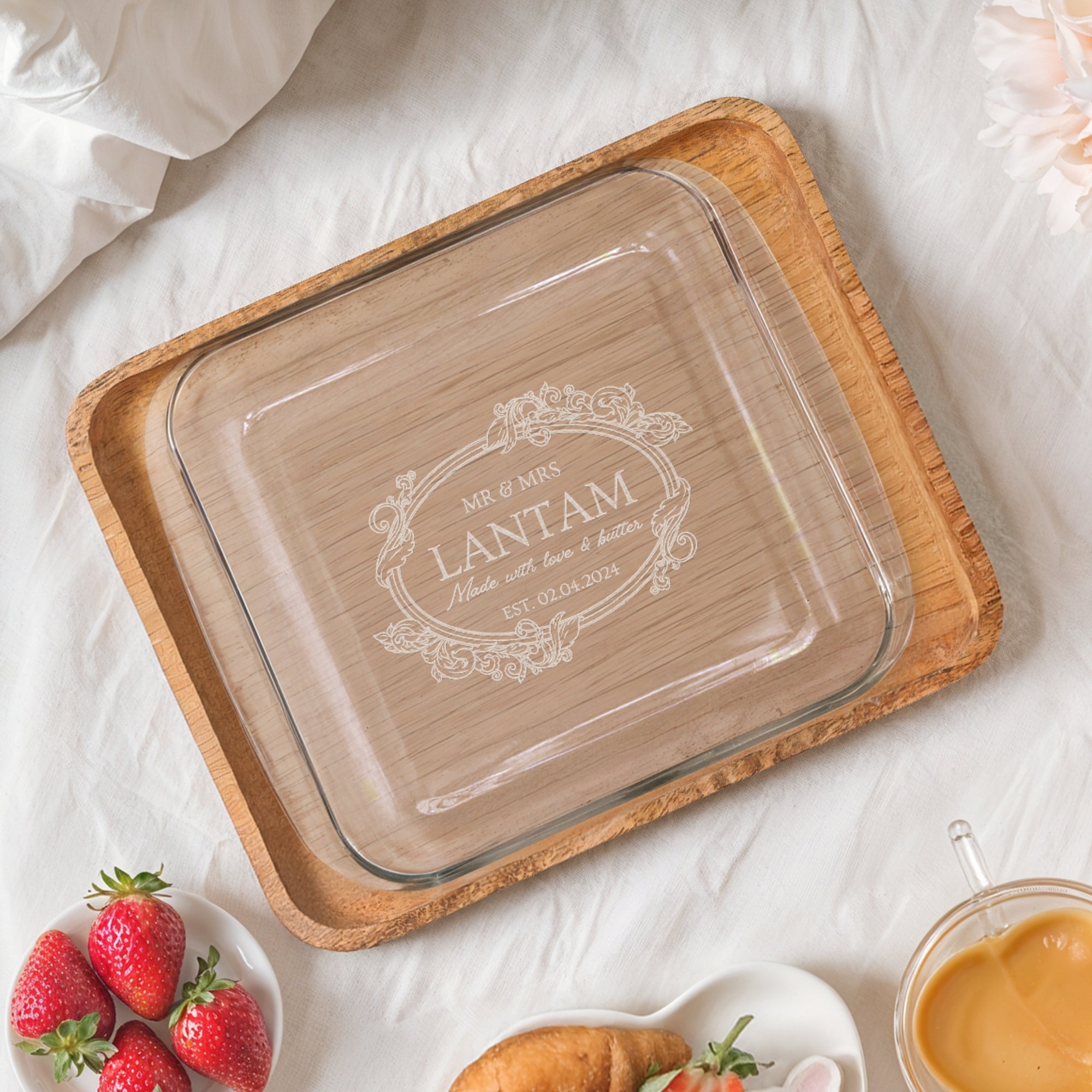Custom Engraved Square Glass Baking Tray, Personalised Casseroles, Dessert, Pie Dish, Tableware, Mom Dad Kitchen Housewarming Christmas Gift