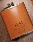 Custom Engraved Tan Leatherette 7oz Hip Flask, Personalised Wedding Groomsmen, Dad Father's Day, Logo Christmas Corporate Gift