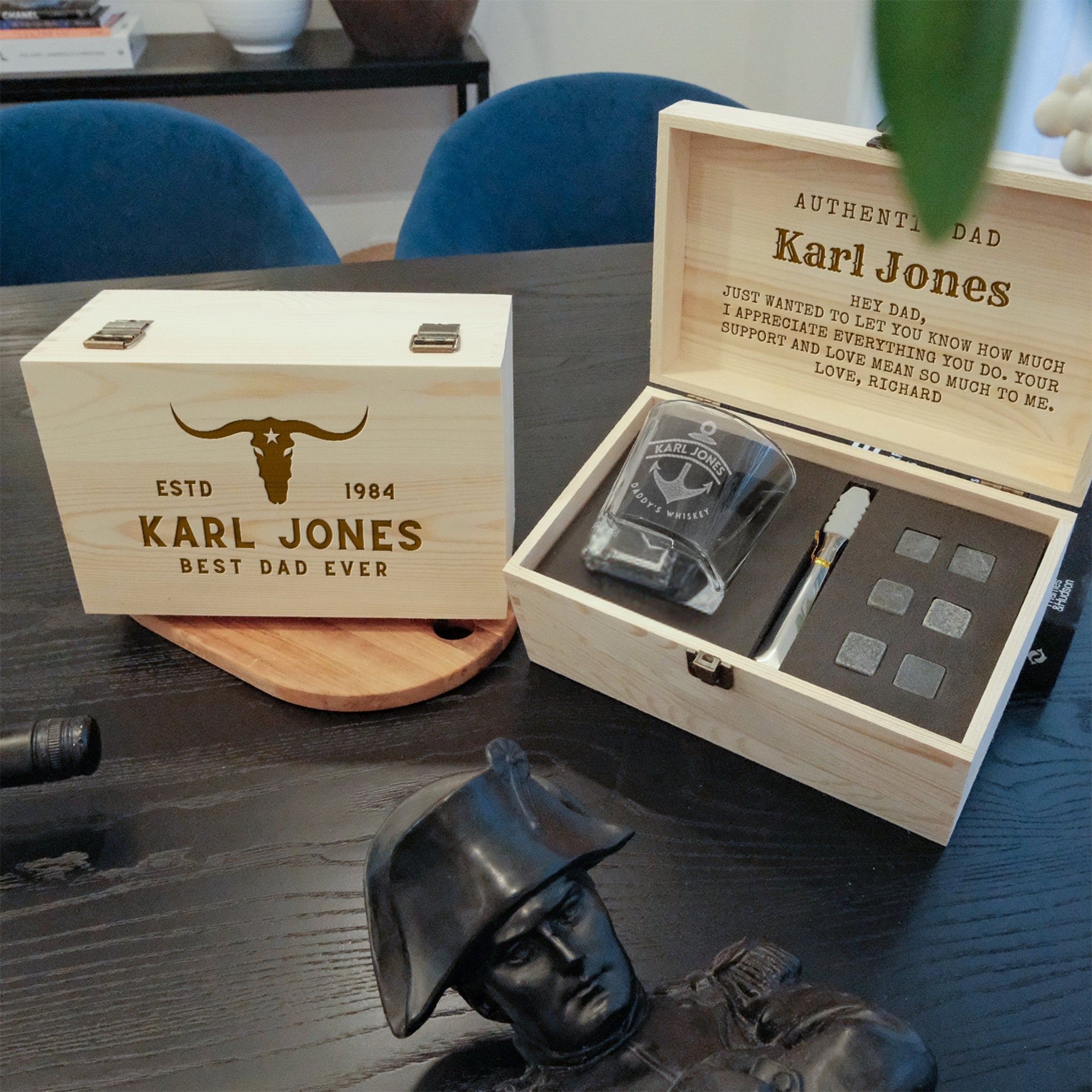 Custom Engraved Whiskey Wooden Box, 270ml Scotch Glass, 6 Ice Stones & Tongs, Personalised Logo Barware Set Groomsman Dad Birthday Gift