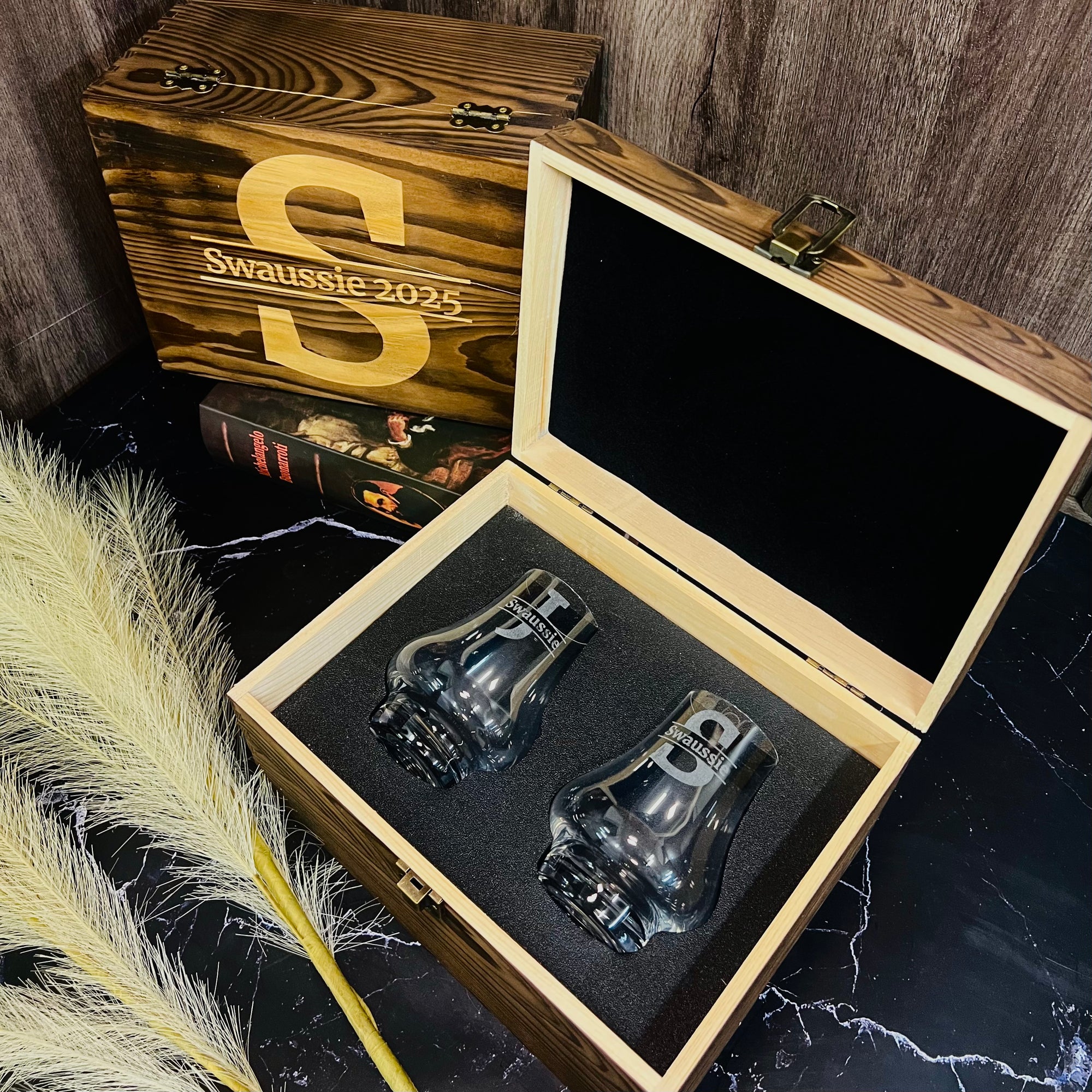 Custom Engraved Whiskey Wooden Box & 2 Europe Crystal Scotch Glass, Personalised Logo Barware Set, Retirement, Groomsman Dad, Corporate Gift