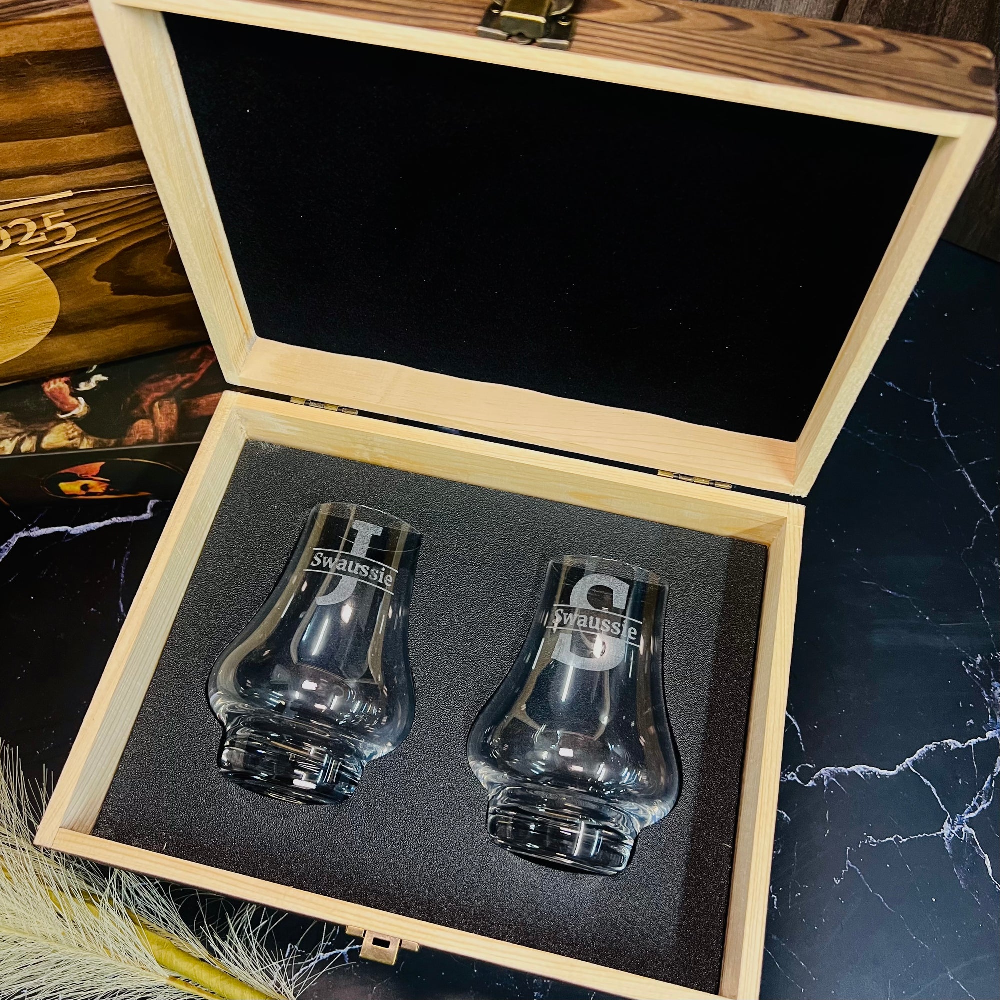 Custom Engraved Whiskey Wooden Box & 2 Europe Crystal Scotch Glass, Personalised Logo Barware Set, Retirement, Groomsman Dad, Corporate Gift