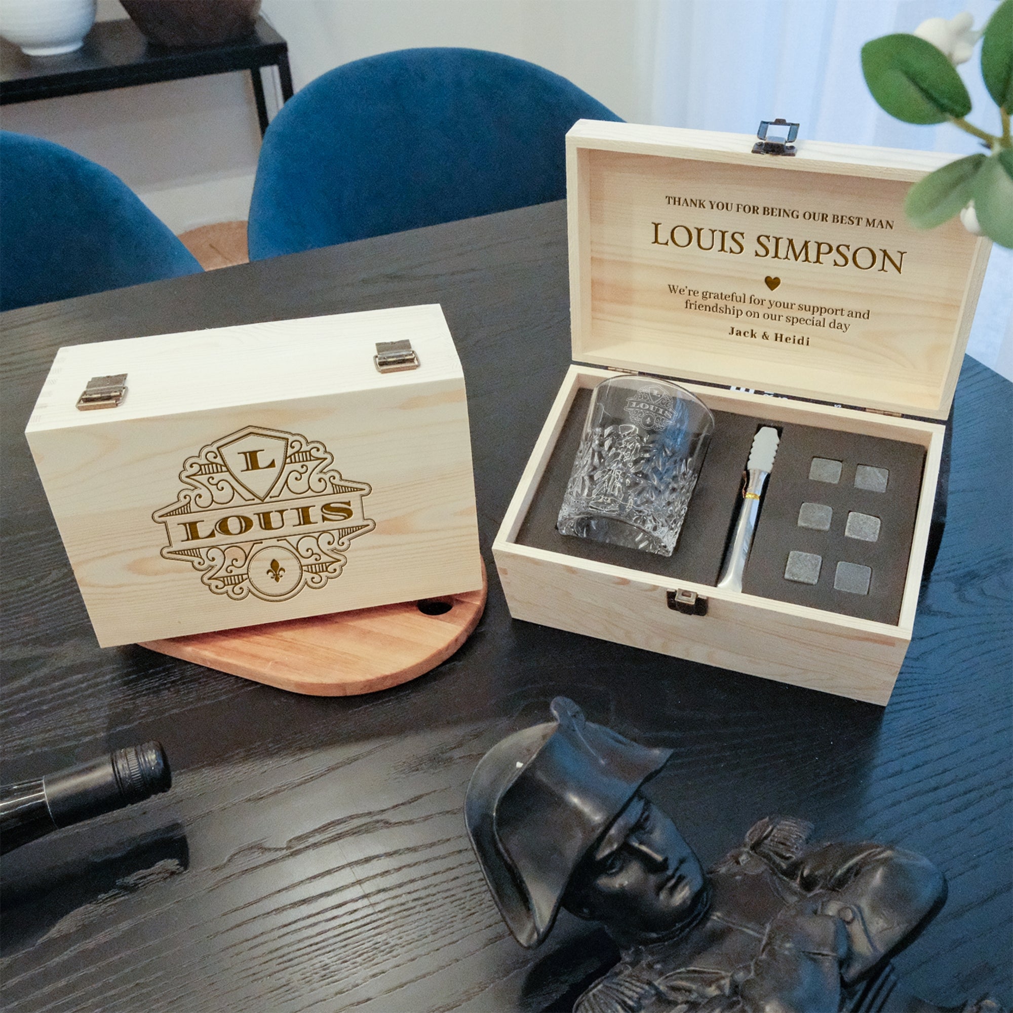 Custom Engraved Whiskey Wooden Box, Diamond Scotch Glass, 6 Ice Stones & Tongs, Personalised Logo Barware Set, Groomsman Dad, Corporate Gift