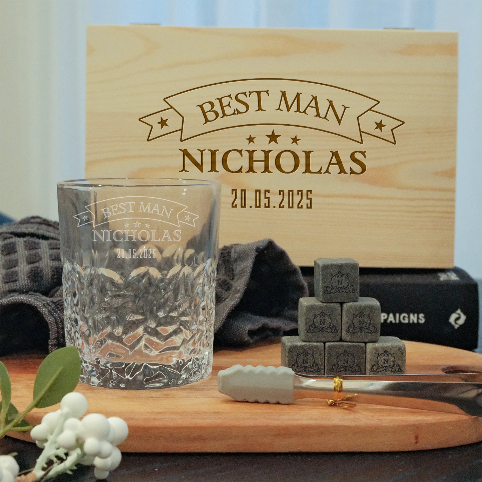 Custom Engraved Whiskey Wooden Box, Diamond Scotch Glass, 6 Ice Stones & Tongs, Personalised Logo Barware Set, Groomsman Dad, Corporate Gift