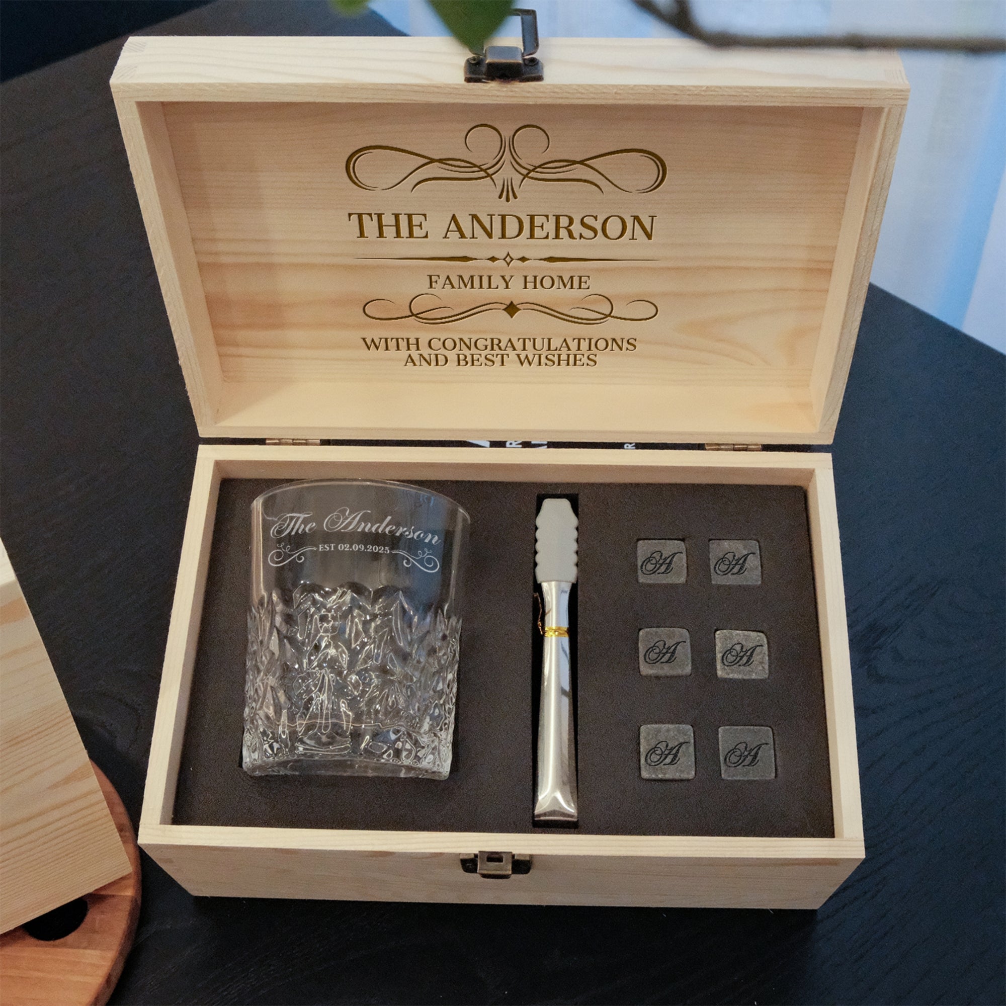 Custom Engraved Whiskey Wooden Box, Diamond Scotch Glass, 6 Ice Stones & Tongs, Personalised Logo Barware Set, Groomsman Dad, Corporate Gift