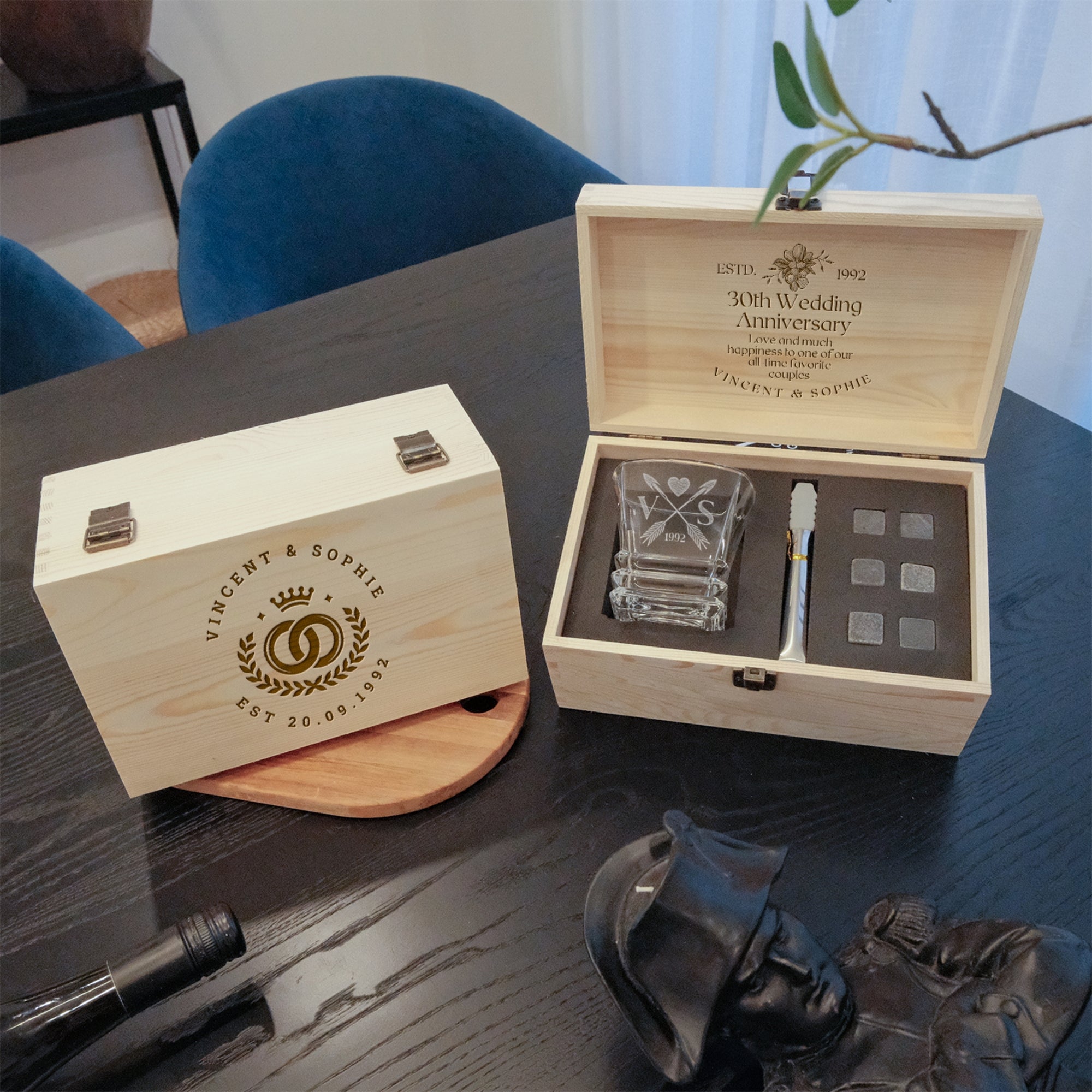 Custom Engraved Whiskey Wooden Box, Prism Scotch Glass, 6 Rock Ice Stones & Tongs, Personalised Barware Set Wedding Groomsman Corporate Gift
