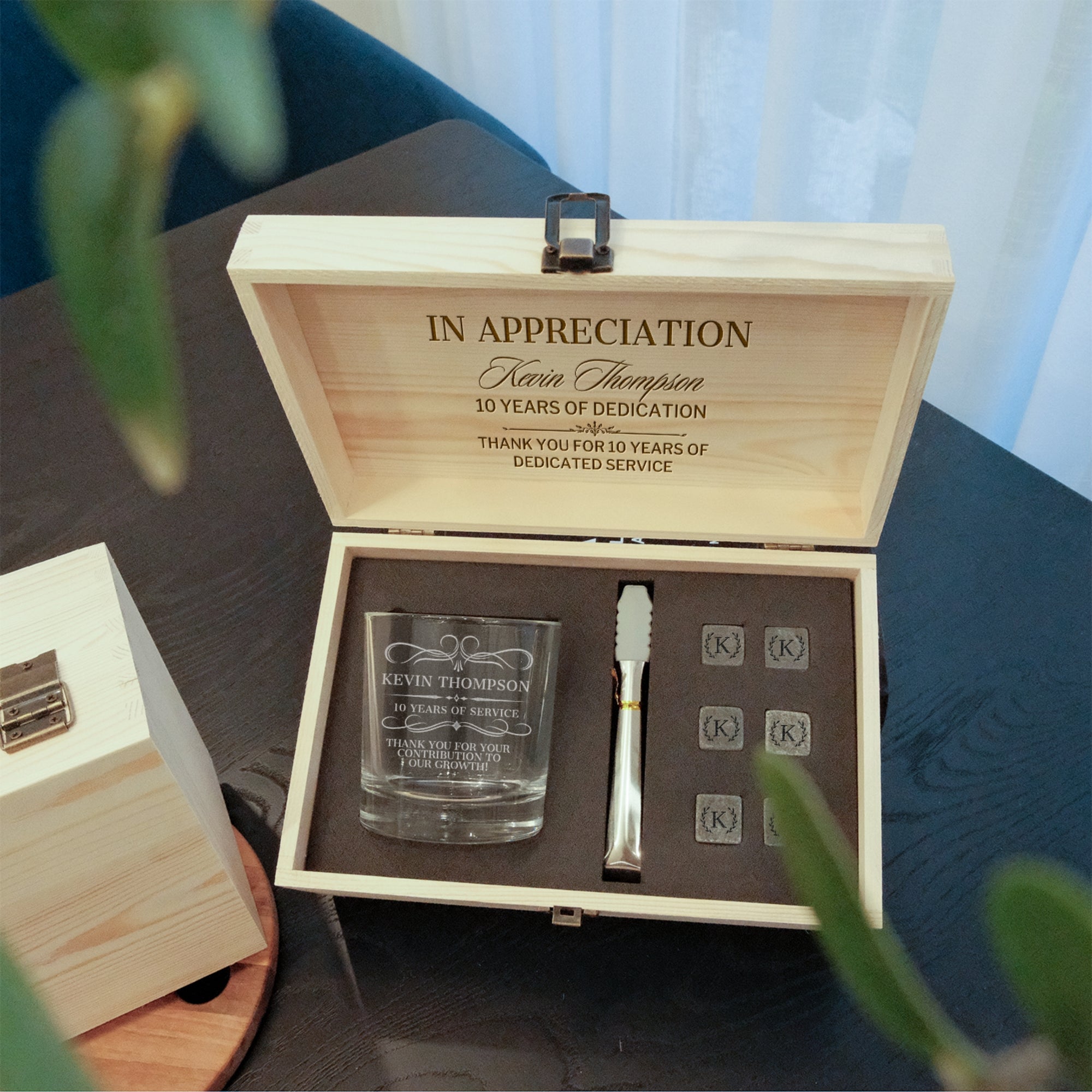 Custom Engraved Whiskey Wooden Box, Sleek Round Scotch Glass, 6 Rock Ice Stones & Tongs, Personalised Barware Set Wedding Groomsman Dad Gift