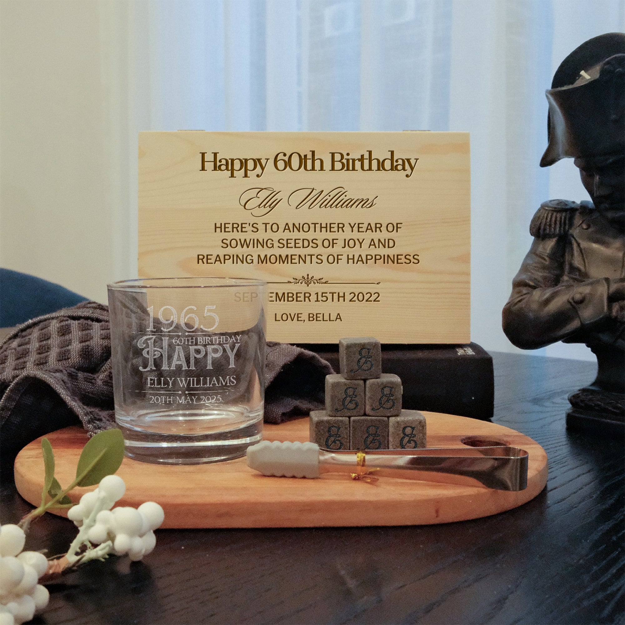 Custom Engraved Whiskey Wooden Box, Sleek Round Scotch Glass, 6 Rock Ice Stones & Tongs, Personalised Barware Set Wedding Groomsman Dad Gift