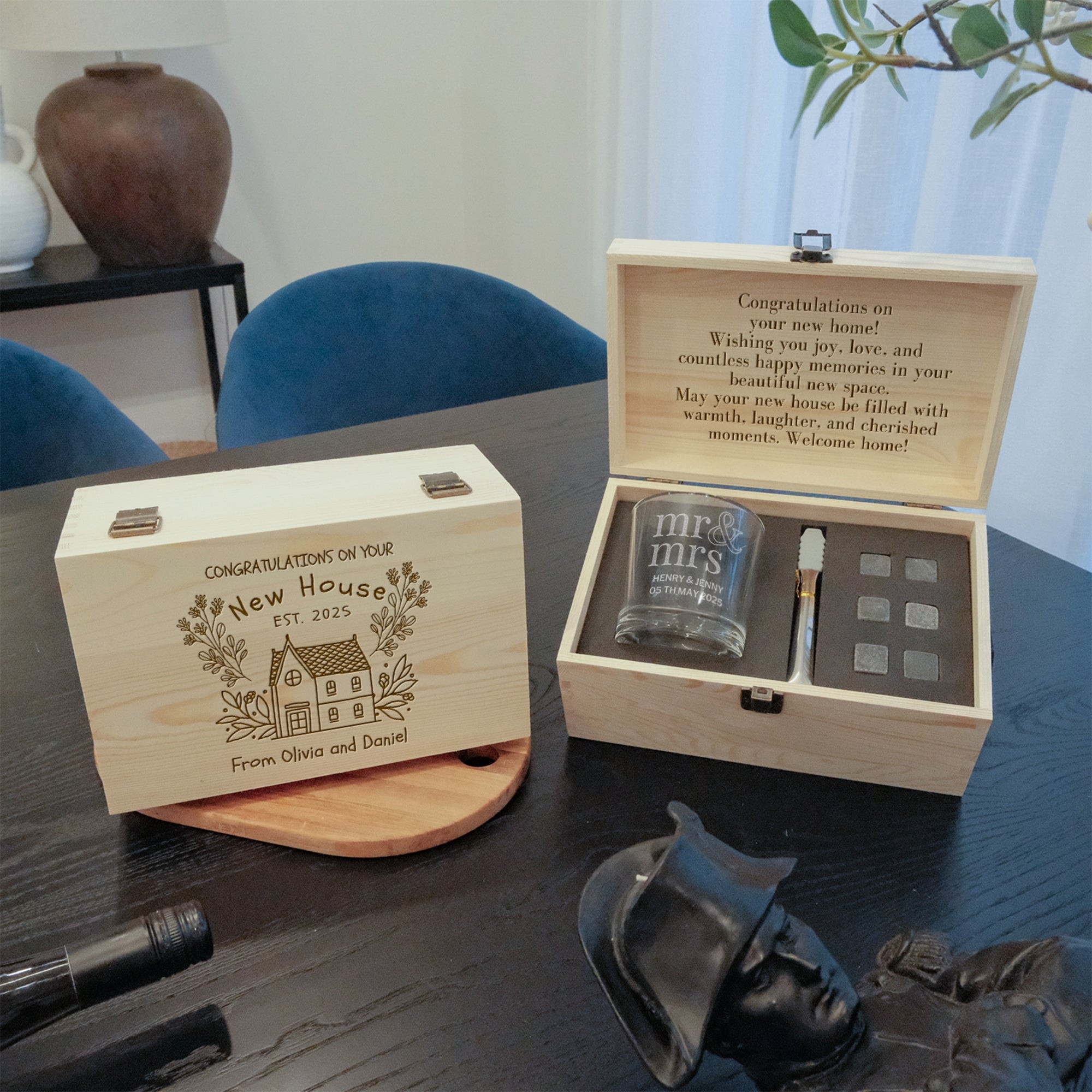 Custom Engraved Whiskey Wooden Box, Sleek Round Scotch Glass, 6 Rock Ice Stones & Tongs, Personalised Barware Set Wedding Groomsman Dad Gift