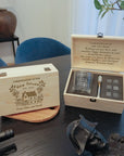 Custom Engraved Whiskey Wooden Box, Sleek Round Scotch Glass, 6 Rock Ice Stones & Tongs, Personalised Barware Set Wedding Groomsman Dad Gift