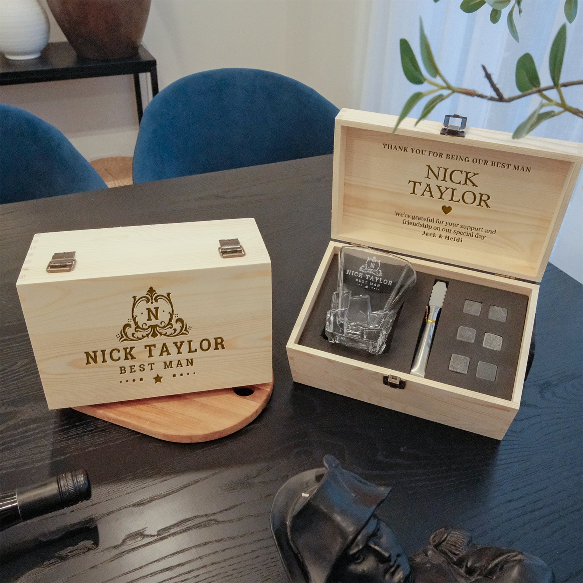 Custom Engraved Whiskey Wooden Box, Square Cut Scotch Glass, 6 Ice Stones & Tongs, Personalised Logo Barware Set Groomsman Dad Birthday Gift