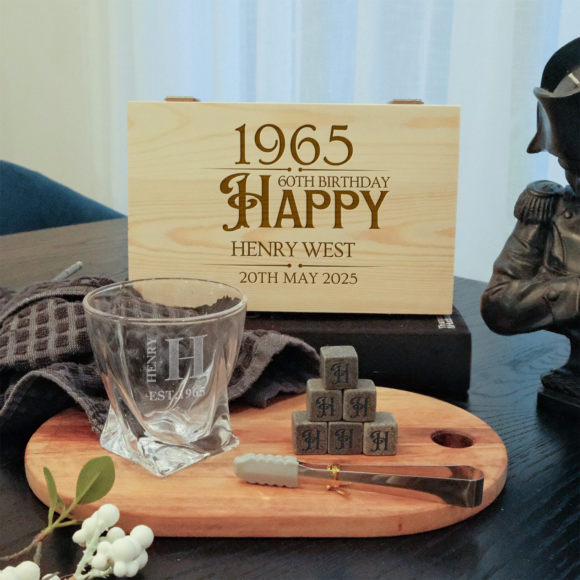 Custom Engraved Whiskey Wooden Box, Twisted Scotch Glass, 6 Ice Stones & Tongs, Personalised Logo Barware Set, Groomsman Corporate Xmas Gift