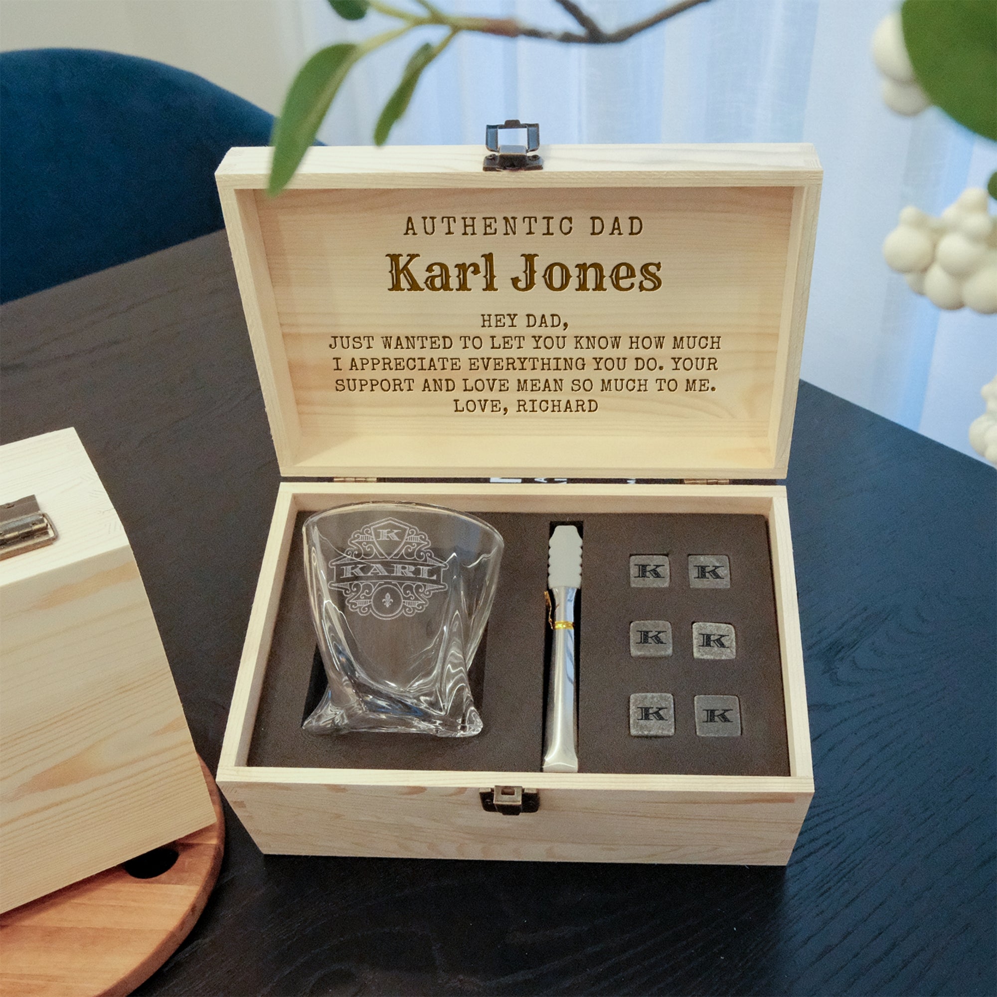 Custom Engraved Whiskey Wooden Box, Twisted Scotch Glass, 6 Ice Stones & Tongs, Personalised Logo Barware Set, Groomsman Corporate Xmas Gift