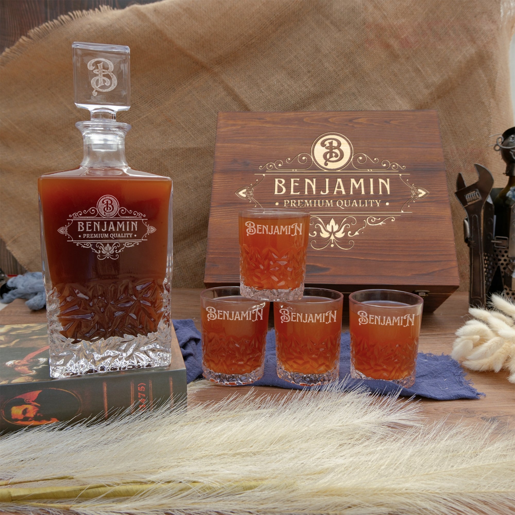 Custom Engraved Carving Old Fashion Whiskey Decanter Set, 4  Scotch Glasses & Wooden Box, Personalised Barware Dad, Groomsmen Corporate Gift