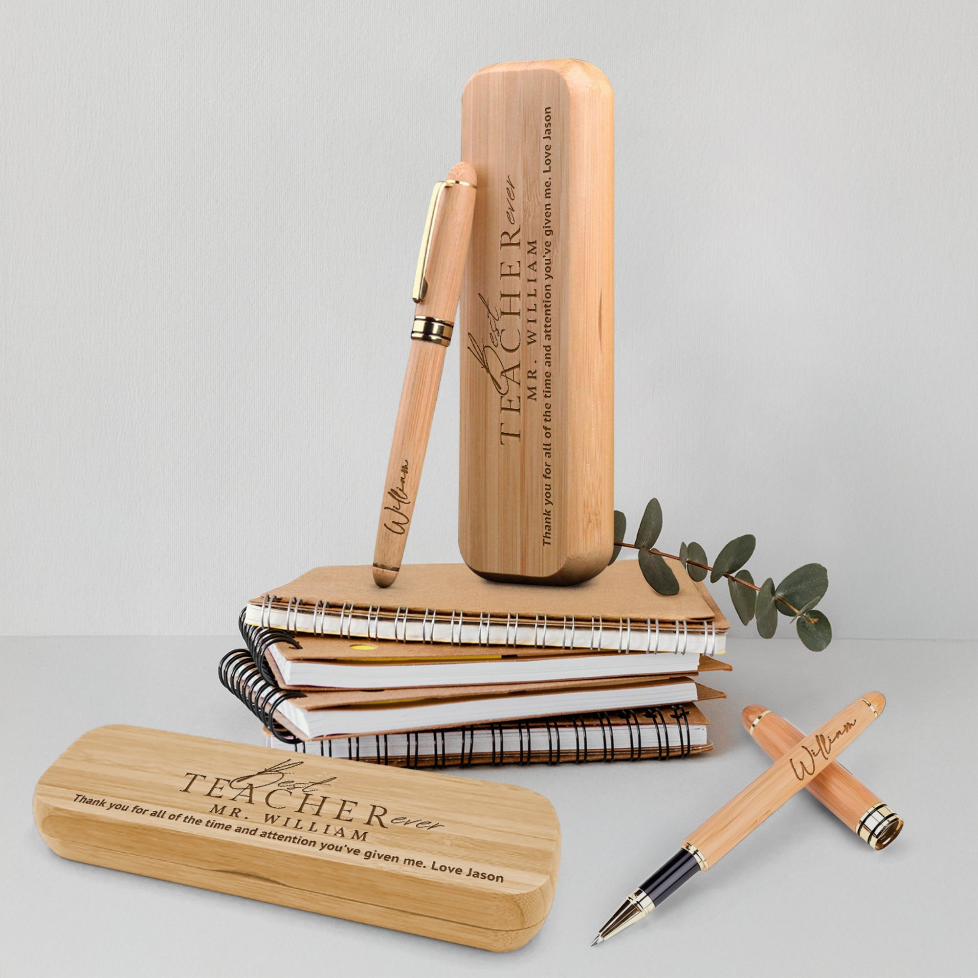 Custom Engraved Eco Bamboo Pens & Case Set – Personalised Logo Sustainable Corporate Gifts, Teacher, Student, Event, Wedding Signature Pen