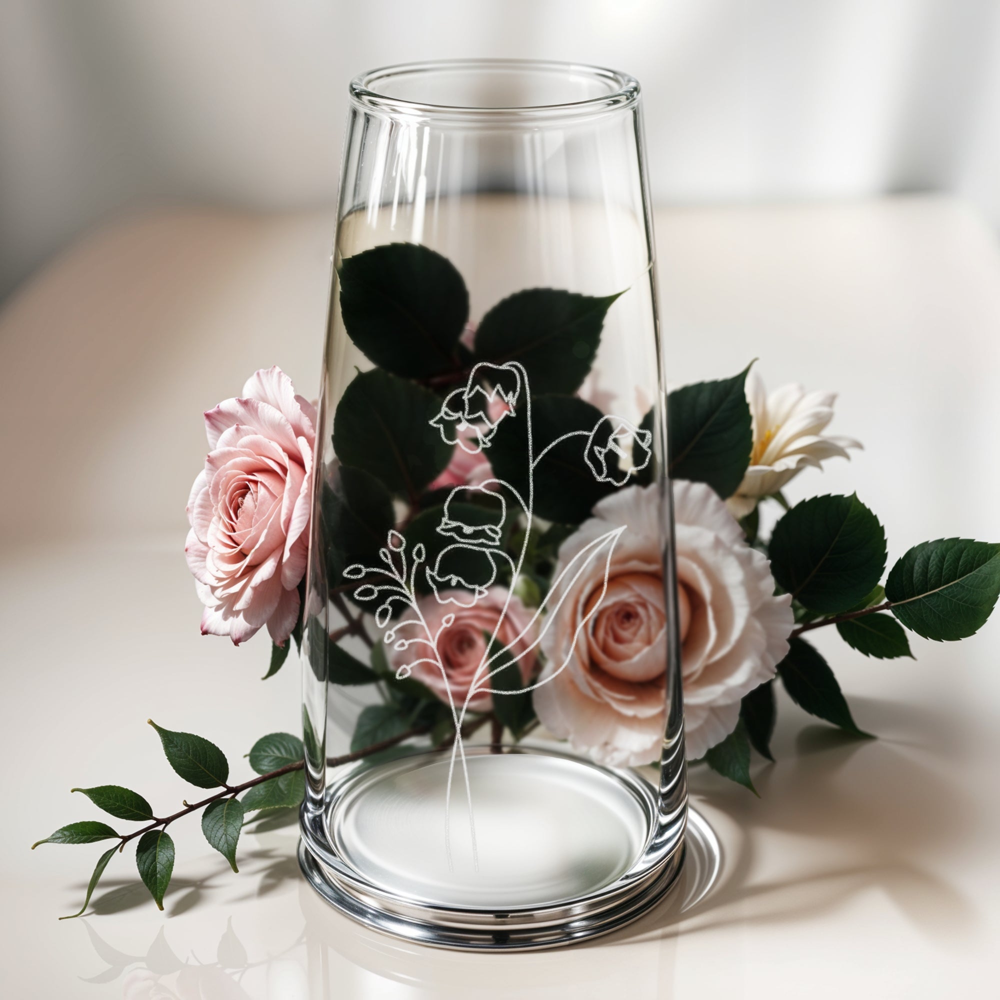 Personalised Etched Small Birth Flower Glass Vase, Home Wedding Decor, Bridesmaid Favor, Christening Housewarming, Anniversary Birthday Gift