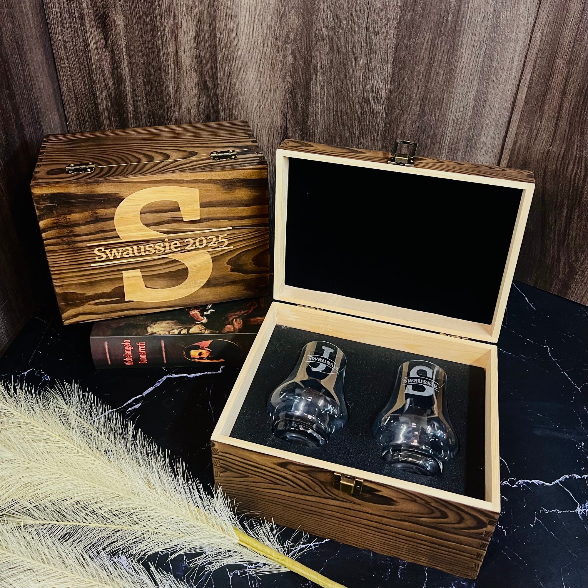 Custom Engraved Whiskey Wooden Box & 2 Europe Crystal Scotch Glass, Personalised Logo Barware Set, Retirement, Groomsman Dad, Corporate Gift
