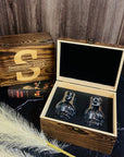 Custom Engraved Whiskey Wooden Box & 2 Europe Crystal Scotch Glass, Personalised Logo Barware Set, Retirement, Groomsman Dad, Corporate Gift