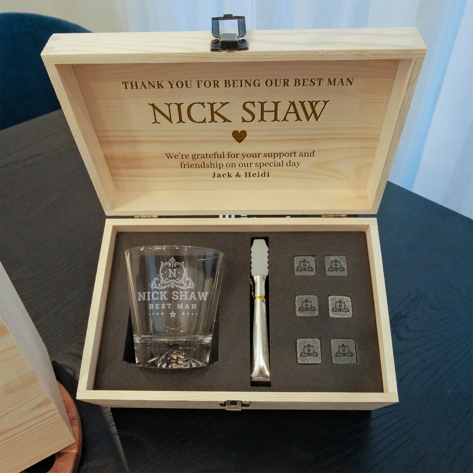 Custom Etched Whiskey Wooden Box, Rock Mountain Scotch Glass, 6 Ice Stones & Tongs, Personalised Logo Barware Set, Groomsman, Corporate Gift