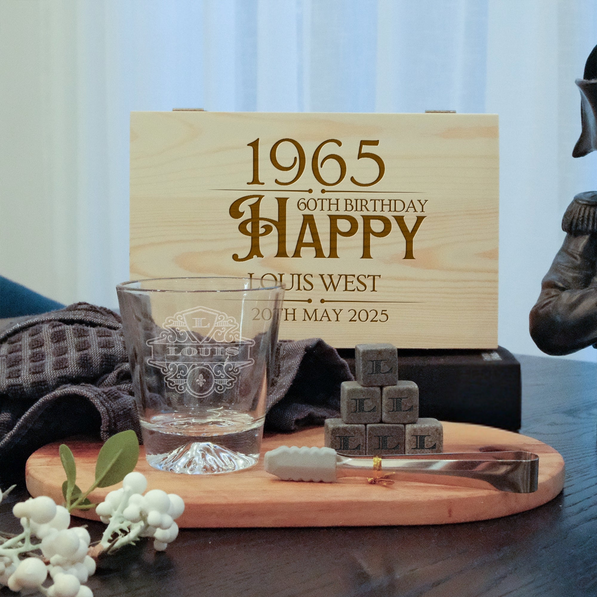 Custom Etched Whiskey Wooden Box, Rock Mountain Scotch Glass, 6 Ice Stones & Tongs, Personalised Logo Barware Set, Groomsman, Corporate Gift