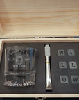 Custom Etched Whiskey Wooden Box, Round Pattern Thick Base Scotch Glass, 6 Rock Ice Stones & Tongs, Personalised Barware Set, Groomsman Gift