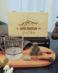 Custom Etched Whiskey Wooden Box, Round Pattern Thick Base Scotch Glass, 6 Rock Ice Stones & Tongs, Personalised Barware Set, Groomsman Gift