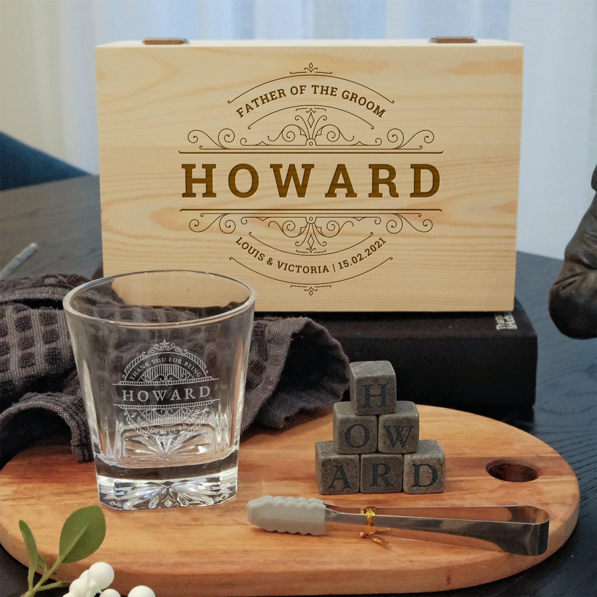 Custom Etched Whiskey Wooden Box, Star Base Scotch Glass, 6 Ice Stones & Tongs, Personalised Logo Barware Set, Groomsman Corporate Xmas Gift